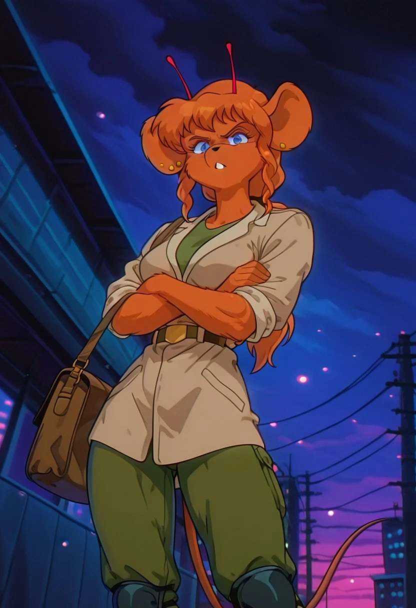 HarleyBMfM, 1girl, solo, furry female, anthro, mouse, animal ears, ear piercing, red antennae, orange fur, orange hair, long hair, ponytail, bangs, blue eyes, black snout, teeth, incisors, large breast, thick thighs, mouse tail, beige jacket, rolled up sleeves, green shirt, belt, green pants, knee pads, pockets, boots, shoulder bag,
masterpiece, best quality, fine details, intricate details, depth of field, subsurface scattering, bokeh, ultra-detailed, very aesthetic, detailed background, newest, scenery, highres, absurdres, colorful, vibrant, glowing, perfect face, 2d, perfect eyes, vibrant saturated colors, volumetric lighting, sharp, detailed eyes, perfect anatomy, perfect face, perfect eyes, mature body, clear eyes, beautiful eyes, athletic, curvy body, athletic girl, perky tits, perfect tits, round breasts, pinup pose, teasing, lustful expression, perfect hands,
muscular female, dutch angle, dynamic pose,
perspective, confident, annoyed, looking at viewer, leaning on guardrail, contrapposto, crossed arms, low leg, low-rise, office, night, outdoors, cowboy shot, (from below, :1.2), refined, retro
,Smooth Negative, Smooth_Quality,
retro_celestial_scifi, retro artstyle
