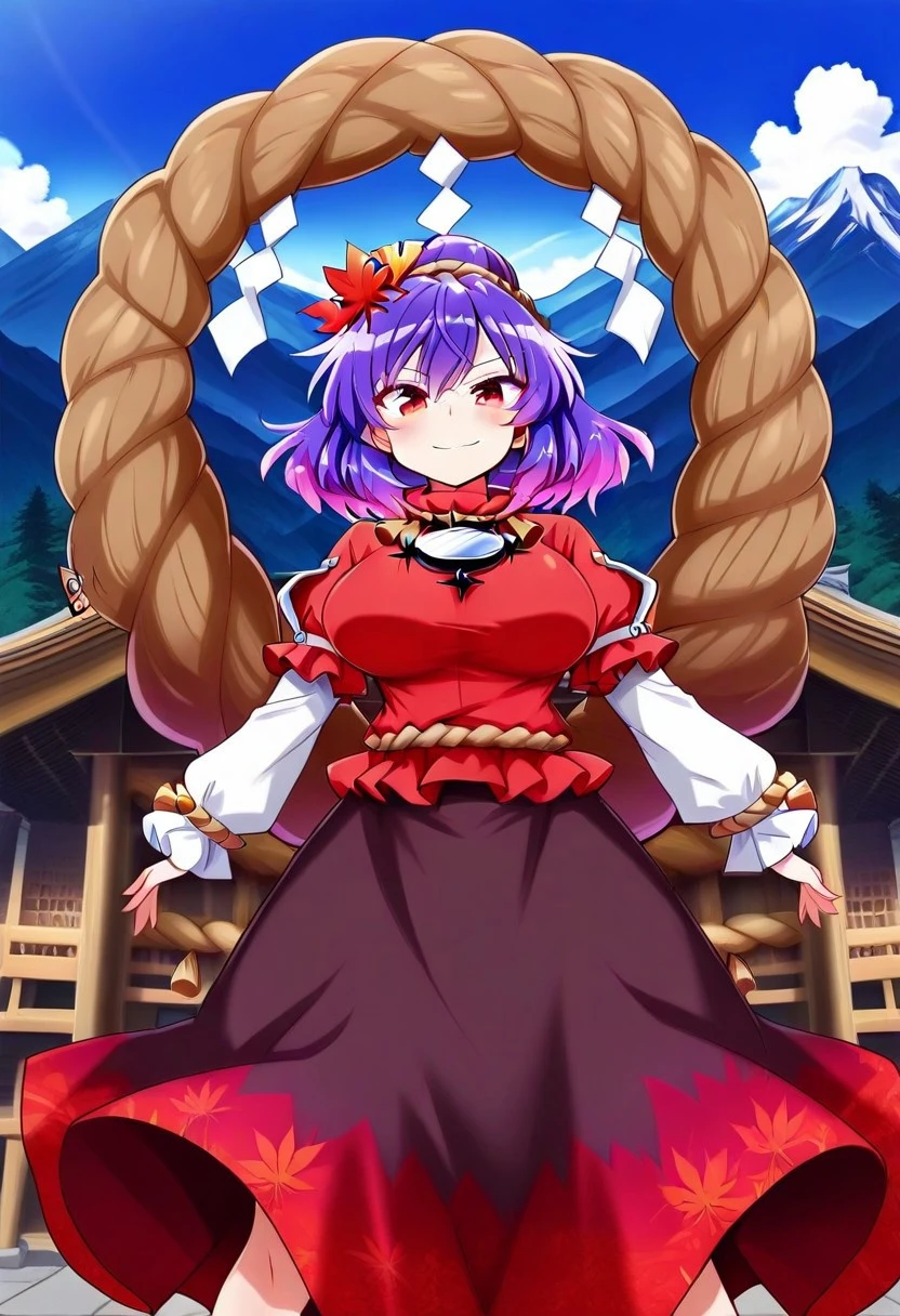rindou style, ((outdoors)), ((mountains)), ((shrine)), blue sky, naughty smile, ((large breasts)), looking at viewer, ((standing)), posings, yasaka kanako, 1girl, solo, red eyes, purple hair, short hair, leaf hair ornament, mirror, red shirt, layered sleeves, short over long sleeves, rope belt, two-tone skirt, black skirt, red skirt, long skirt, rope