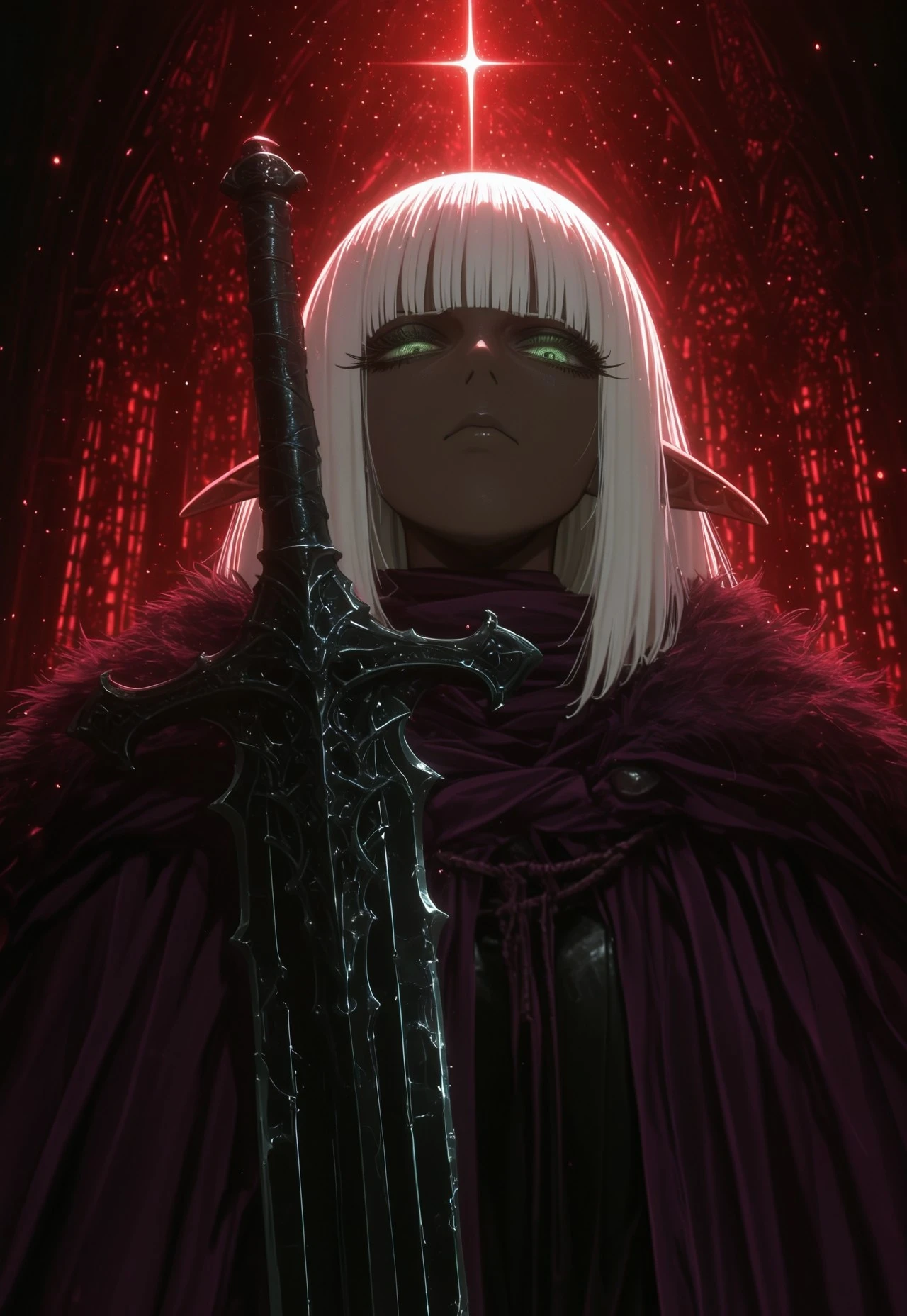 Dark_Niji_Style, masterpiece,best quality,amazing quality,very aesthetic,absurdres, newest,1girl, dark elf, dark skin, white hair, great sword, dark_art_style ambient occlusion, raytracing, soft lighting, blum effect, masterpiece, absolutely eye-catching, particles, glow, shining, intricate cinematic background, detailed eyes, dark purple cloak, blunt bangs, green eyes, long eyelashes, anime coloring, close up, looking at viewer, subtle scowl, upper body,