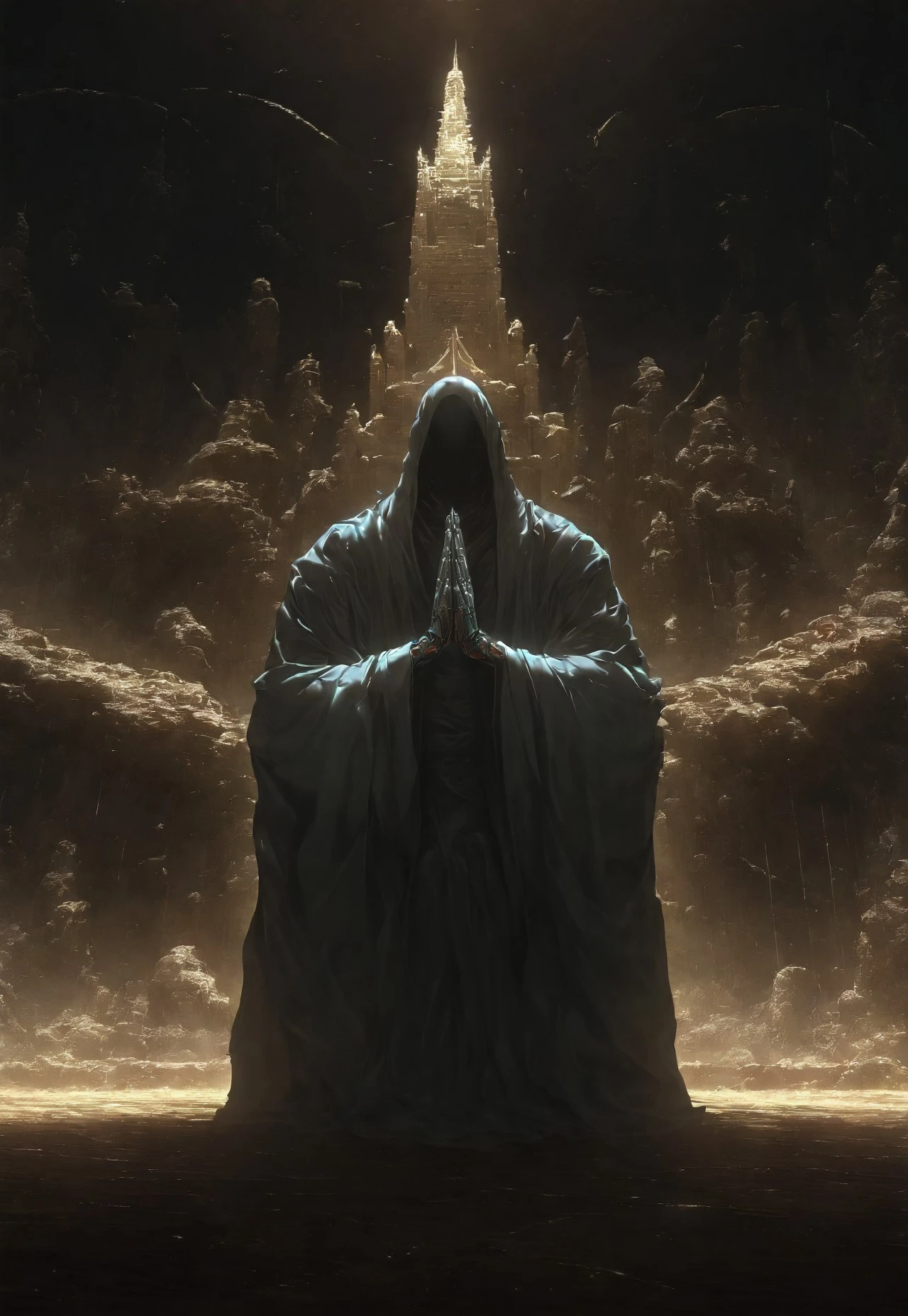 Dark_Niji_Style, Detailed, full_detail, highly detailed, highres, masterpiece,best quality,amazing quality,newest,very aesthetic,scenery,8k,good anatomy,good shading,ultra detailed,refined details,high resolution,HD,masterwork,
male focus,1boy,science fiction,temple,cyborg,monk,praying,meditation,solo,