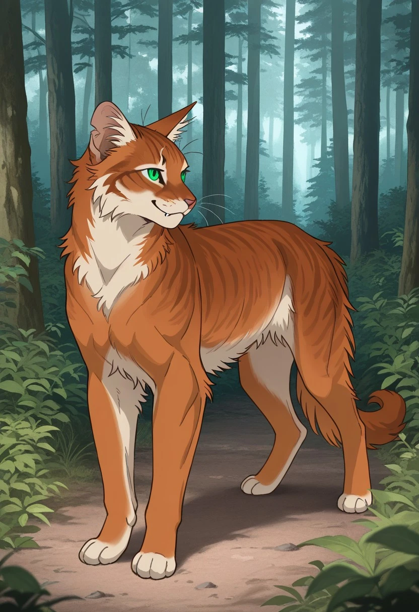 (s8tzzz8rt), masterpiece, best quality, perfect quality, very awa, absurdres, newest, very aesthetic, solo, full body, feral male cat, firestar, cat, dark orange somali fur, muscular build, green eyes, gentle smile, forest setting, full body