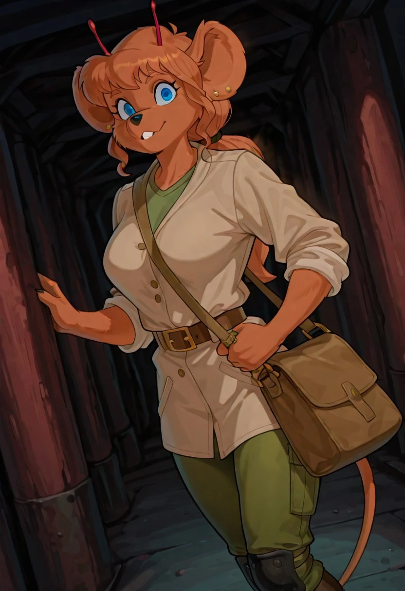 HarleyBMfM, 1girl, solo, furry female, anthro, mouse, animal ears, ear piercing, red antennae, orange fur, orange hair, long hair, ponytail, bangs, blue eyes, black snout, teeth, incisors, large breast, thick thighs, mouse tail, beige jacket, rolled up sleeves, green shirt, belt, green pants, knee pads, pockets, boots, shoulder bag,
masterpiece, best quality, fine details, intricate details, depth of field, subsurface scattering, bokeh, ultra-detailed, very aesthetic, detailed background, newest, scenery, highres, absurdres, colorful, vibrant, glowing, perfect face, 2d, perfect eyes, vibrant saturated colors, volumetric lighting, sharp, detailed eyes, perfect anatomy, perfect face, perfect eyes, mature body, clear eyes, beautiful eyes, athletic, curvy body, athletic girl, perky tits, perfect tits, round breasts, pinup pose, teasing, lustful expression, perfect hands,
muscular female, dutch angle, dynamic pose,
,Smooth Negative, Smooth_Quality,