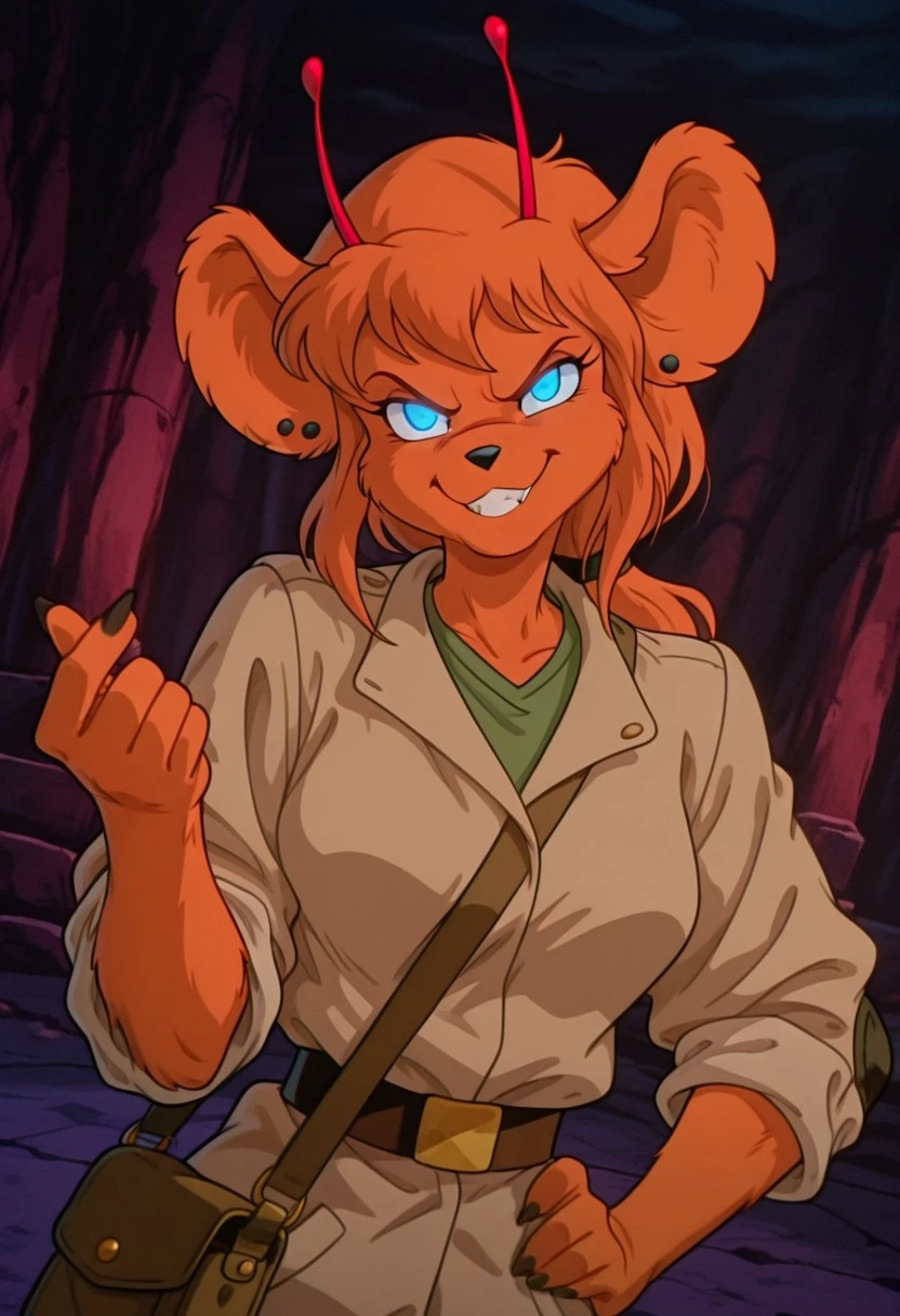 HarleyBMfM, 1girl, solo, furry female, anthro, mouse, animal ears, ear piercing, red antennae, orange fur, orange hair, long hair, ponytail, bangs, blue eyes, black snout, teeth, incisors, large breast, thick thighs, mouse tail, beige jacket, rolled up sleeves, green shirt, belt, green pants, knee pads, pockets, boots, shoulder bag,
masterpiece, best quality, fine details, intricate details, depth of field, subsurface scattering, bokeh, ultra-detailed, very aesthetic, detailed background, newest, scenery, highres, absurdres, colorful, vibrant, glowing, perfect face, 2d, perfect eyes, vibrant saturated colors, volumetric lighting, sharp, detailed eyes, perfect anatomy, perfect face, perfect eyes, mature body, clear eyes, beautiful eyes, athletic, curvy body, athletic girl, perky tits, perfect tits, round breasts, pinup pose, teasing, lustful expression, perfect hands,
muscular female, dutch angle, dynamic pose,
upper body, standing, contrapposto, hand on hip, beckoning, come hither, hand up, head tilt, chin up, taunting, glowing eyes, facing viewer, looking at viewer, glaring at viewer, arrogant, devilish, evil grin
,Smooth Negative, Smooth_Quality,
dark_fantasy_style, dark fantasy, retro,