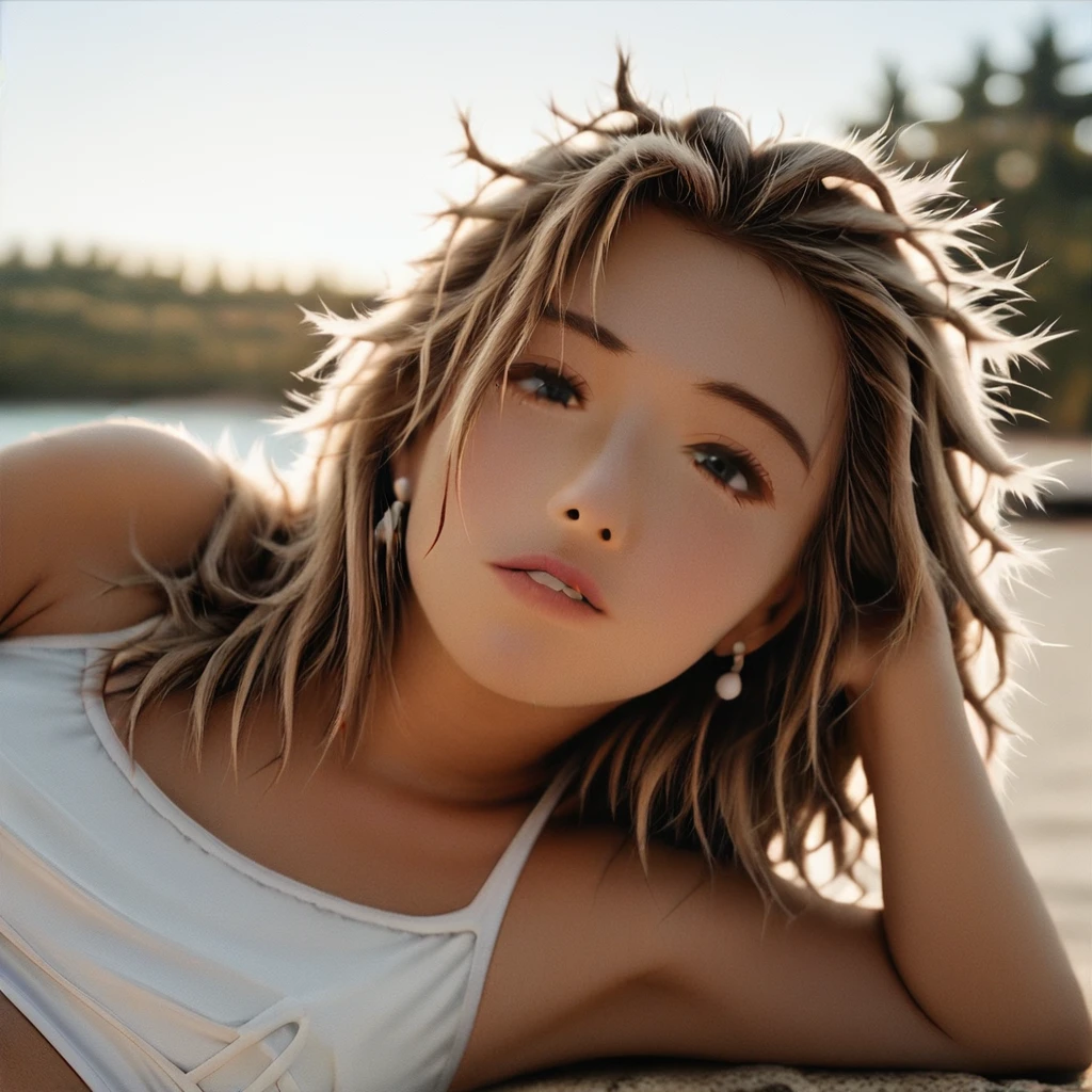 Ultra-high quality photos, RAW photo, beautiful detailed face and eyes, (photorealistic:1.4), best quality, highres, realistic, 16k, caustics, Core shadow, dynamic light, beautiful and delicate lips, delicate fingers, detailed pupil, real human skin, (Extremely detailed), RAW photo, nsfw, panty shot, sitting woman, 25 yo, (bangs hair:1.2), faint lips, cowboy shot, from side , (gold leaf hair, braid bunches hair:1.36), afterglow,
(freckles, mole:0.2), (skin spots, acnes, skin blemishes, age spot, lanugo, pimple, blood spot, dirty,:0.2)
(in the Uyuni salt lake, sky, cloud, reflection,:1.3), her peaceful expression and gentle breathing create a calming atmosphere