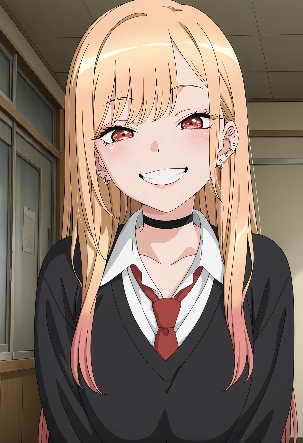marin, 1girl, solo, long_hair, looking_at_viewer, smile, bangs, blonde_hair, shirt, red_eyes, jewelry, closed_mouth, collarbone, white_shirt, upper_body, multicolored_hair, earrings, necktie, choker, collared_shirt, indoors, pink_eyes, eyelashes, makeup, black_choker, parody, anime_coloring, big_tits, big_ass, red_panties,
