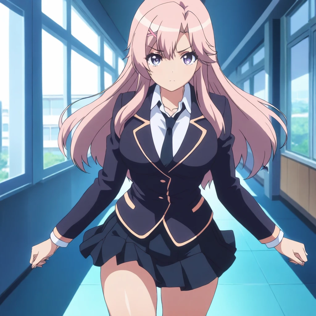 solo,cowboy_shot,anime coloring,looking at viewer,masterpiece,high score,great score,absurdres,<lora:KanakoTachibana ag4o:1> kanako, pink hair, long hair, hairclip, purple eyes,school uniform,necktie,skirt,socks,