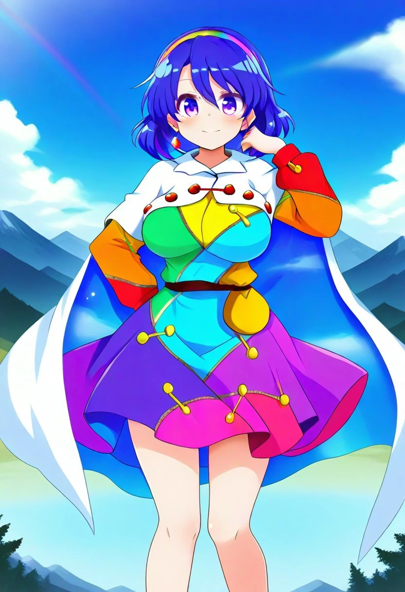rindou style, outdoors, (mountains), daytime, ((rainbow)), smile, ((large breasts)), looking at viewer, ((standing)), posings, tenkyuu chimata, 1girl, solo, purple eyes, blue hair, shot hair, multicolored hairband, multicolored dress, long sleeves, white cape, ((legs))