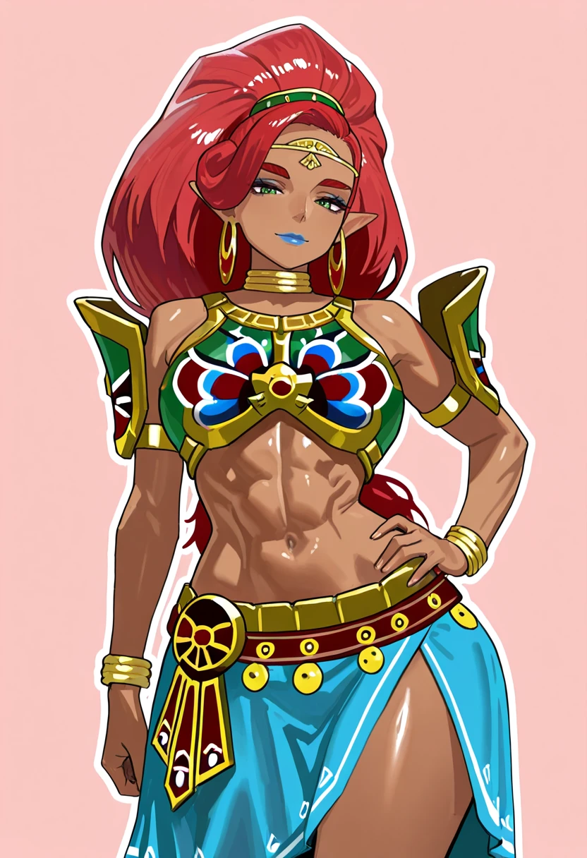 best quality, high resolution, large breasts, red hair, blush, smile, cowboy shot, looking at viewer, Urbosa, blue lip, Green eyes,