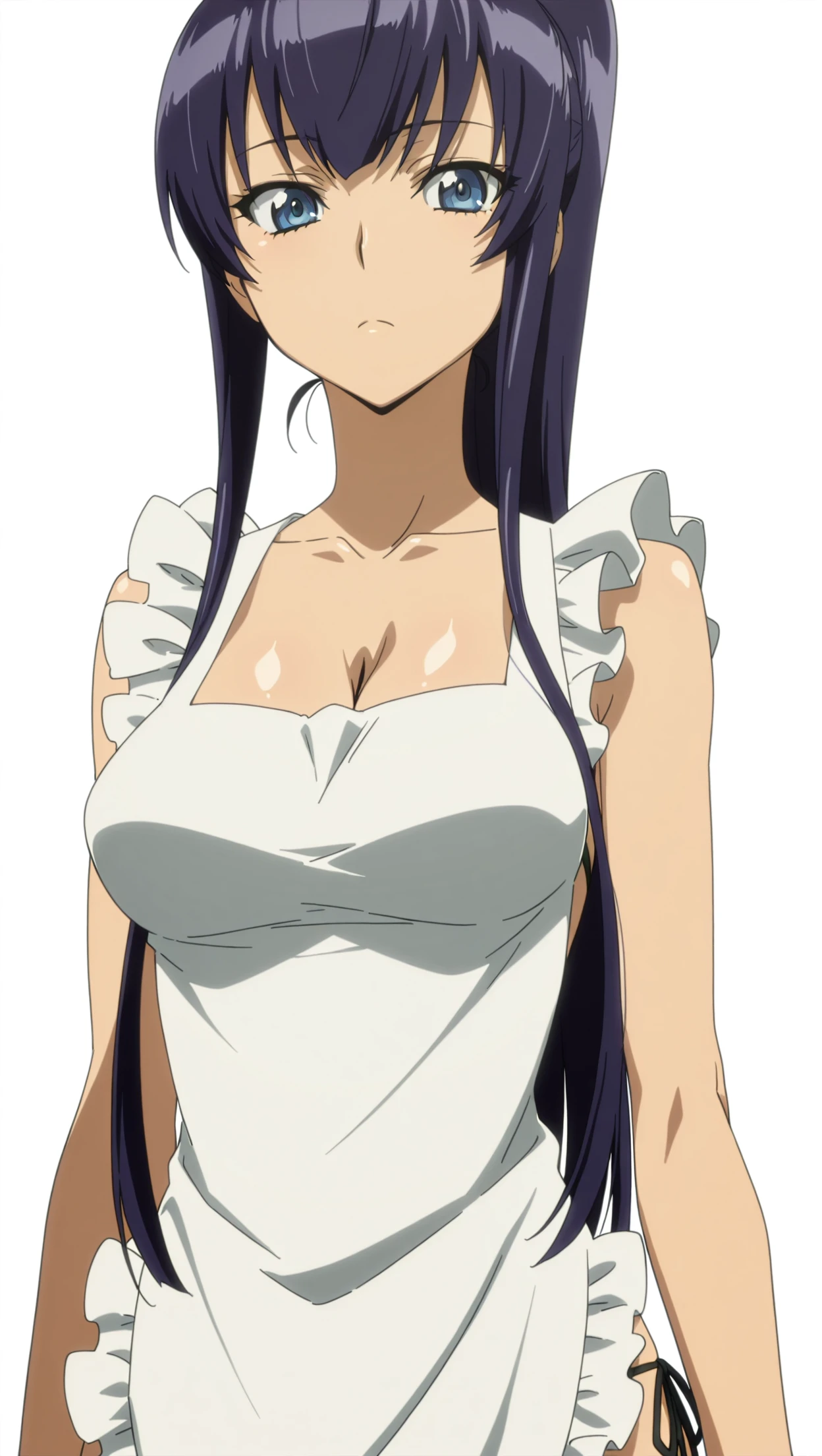 masterpiece, highres, solo, 8k, detailed, perfect face, best quality, (ultra high quality), (looking at viewers), (armpit), collarbone, bare arms, medium, breast, cleavage, black hair, long hair, yellow hair tie, yellow hair tie ribbon, blue eyes, belly, stomach, navel, abs, sarashi chest, bandaged breast, (blue hakama), slim body, upper body, emotionless, flat face, closed mouth, at forest, hand up
