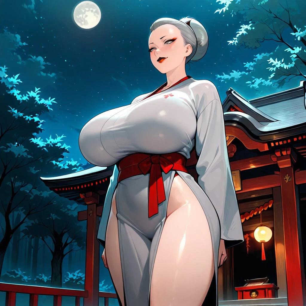 1girl solo big knockers breasts full body, lustful smirking smile face red blushed, moon, lantern, night, solo, large breasts, hair ornament, wet, kimono, japanese clothes, wading, water, hair flower, flower, outdoors, sky, full moon, rain, black hair, off shoulder, mountain, cloud, holding, sash, bare shoulders, paper lantern, standing, white kimono, night sky, sideboob, obi, wet clothes, bangs, tree, from side, reflection, short hair, cloudy sky, wet hair (((masterpiece),(extremely detailed CG unity 8k wallpaper), best quality, solo, cinematic lighting, detailed background, beautiful detailed eyes, bright pupils, (an extremely delicate and beautiful), (Beautiful and detailed eye description), ultra-detailed, masterpiece,))
