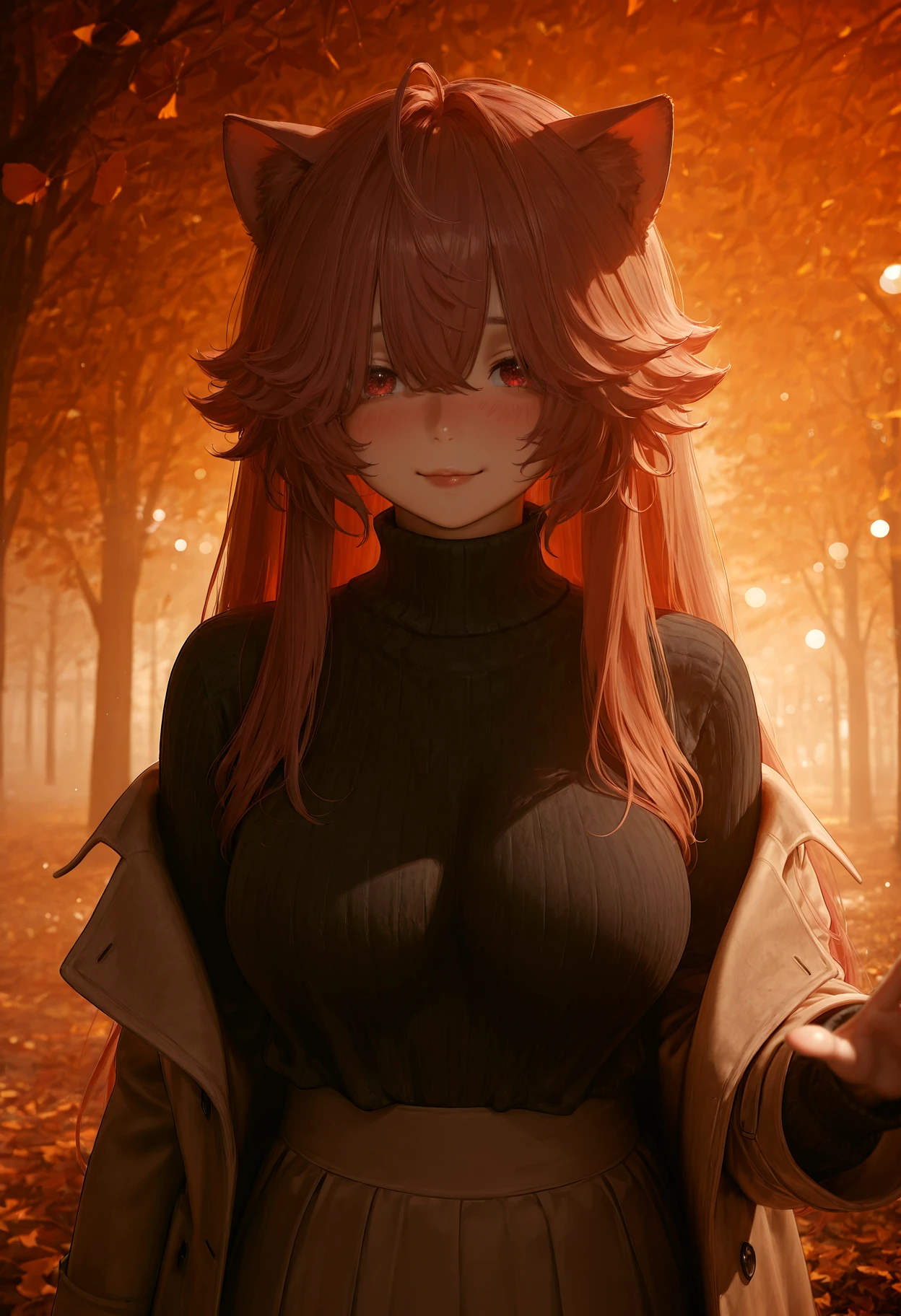 1girl, cat ears, autumn, autumn leaves, black sweater, brown hair, layered hair, voluminous hair, layered hime-cut hybrid with twin tails, long hair, ahoge, bangs, hair over eyes, hair covering eyes, big hair, sidelocks, , brown coat, brown skirt, coat, , leaf, leaf background, long sleeves, looking at viewer, medium hair, off shoulder, orange background, red eyes, red hair, ribbed sweater, skirt, soft smile, drunk, plump lips, tired, solo, sweater, bangs, turtleneck, turtleneck sweater, upper body, waving, sidelighting, haze, fog, day, depth of field, bokeh, blur, high contrast, <lora:IL\KMS_hair-002__layered_hime_cut_w_twintails_IL02-000015:1> <lora:IL\dawnfall_style_v01-000007:1>
