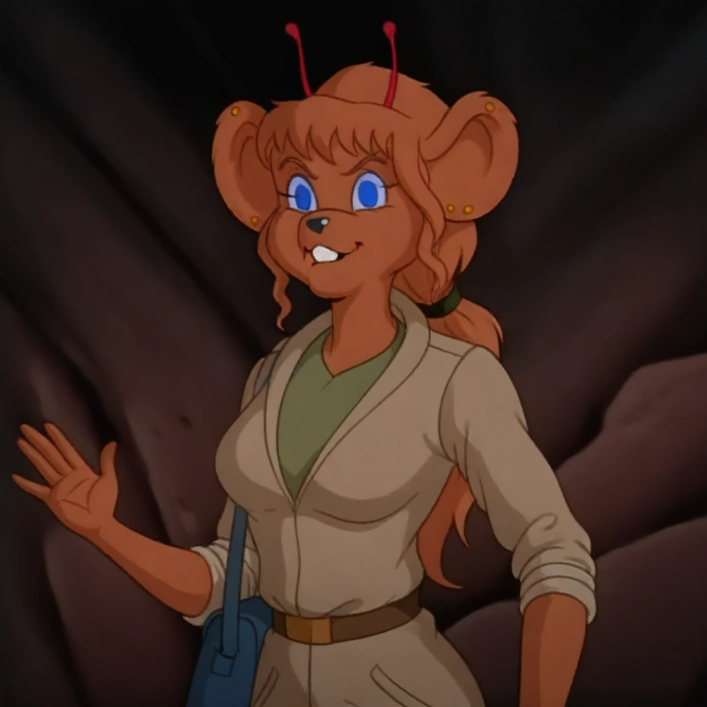 HarleyBMfM, 1girl, solo, furry female, anthro, mouse, animal ears, ear piercing, red antennae, orange fur, orange hair, long hair, ponytail, bangs, blue eyes, black snout, teeth, incisors, large breast, thick thighs, mouse tail, beige jacket, rolled up sleeves, green shirt, belt, green pants, knee pads, pockets, boots, shoulder bag, masterpiece, best quality, fine details, intricate details, depth of field, subsurface scattering, bokeh, ultra-detailed, very aesthetic, detailed background, newest, scenery, highres, absurdres, colorful, vibrant, glowing, perfect face, 2d, perfect eyes, vibrant saturated colors, volumetric lighting, sharp, detailed eyes, perfect anatomy, perfect face, perfect eyes, mature body, clear eyes, beautiful eyes, athletic, curvy body, athletic girl, perky tits, perfect tits, round breasts, pinup pose, teasing, lustful expression, perfect hands, muscular female,