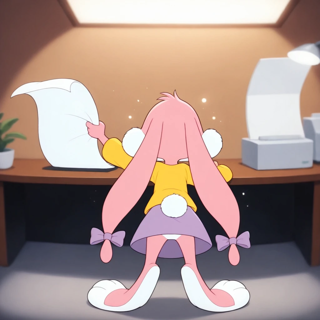 <lora:BabsBunnyOr9_YM62:0.7>, Babs, cub, bunny, girl, cartoon, pink body, pink head, pink ears, pink legs, white cheeks, white feet, white tail, ears drooping, lop-eared, yellow T-shirt, purple skirt, purple bows on the ears, standing near the table, receiving a fax, in the office, rear view
BREAK, masterpiece, best quality, high quality, particles effect, detailed background, detailed foreground, depth of field, backlighting