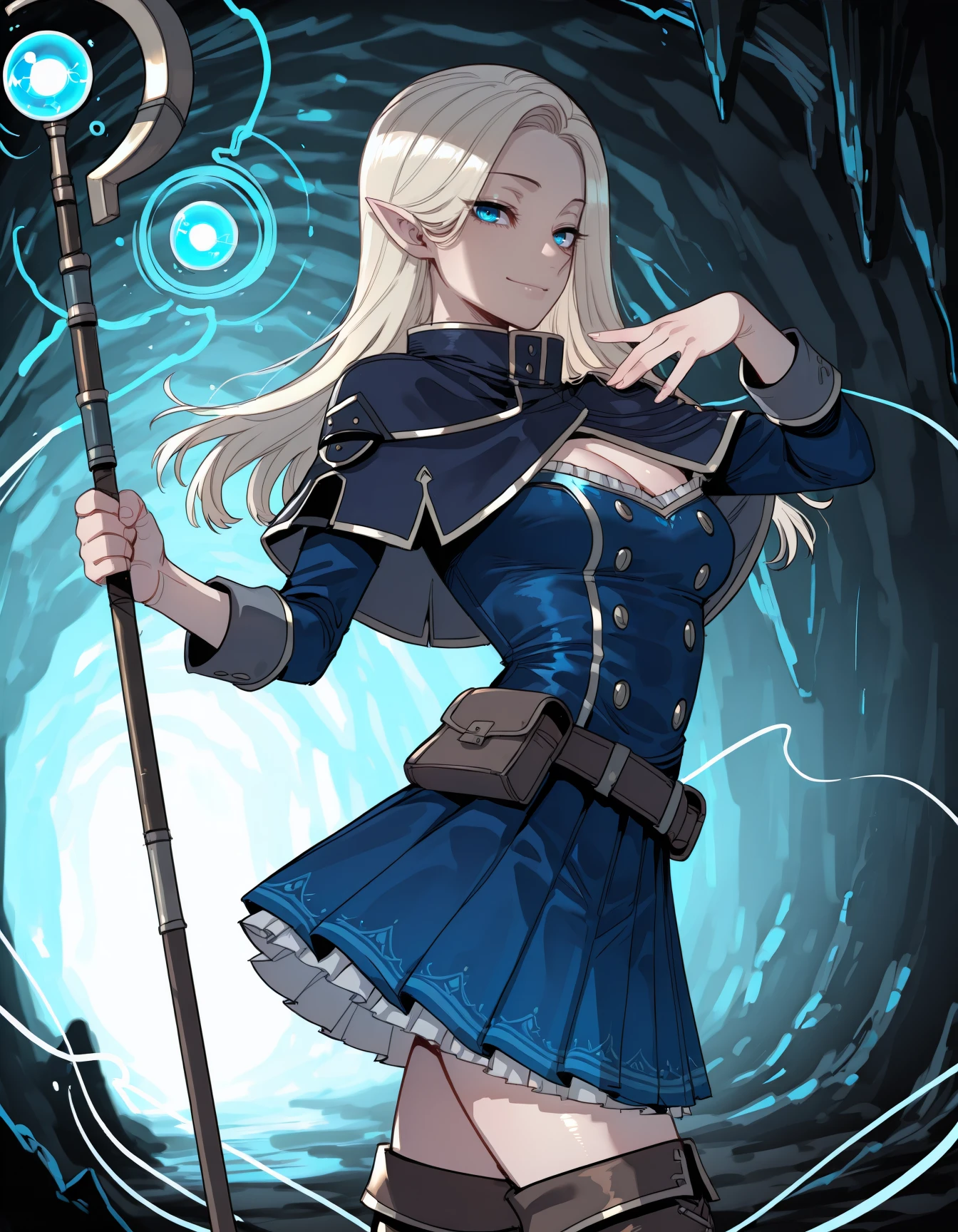 <lora:good-and-bad-ending-party-v5-illustrious-000032:0.8> a5h3m4g3, medium breasts, capelet, cleavage cutout, blue dress, double-breasted, buttons, pleated dress, belt, belt pouch, thigh boots
solo, pose, dynamic, smile, confident, hand up, energy orb, from side, holding staff, looking at viewer, sidelighting, dramatic, cave, dark