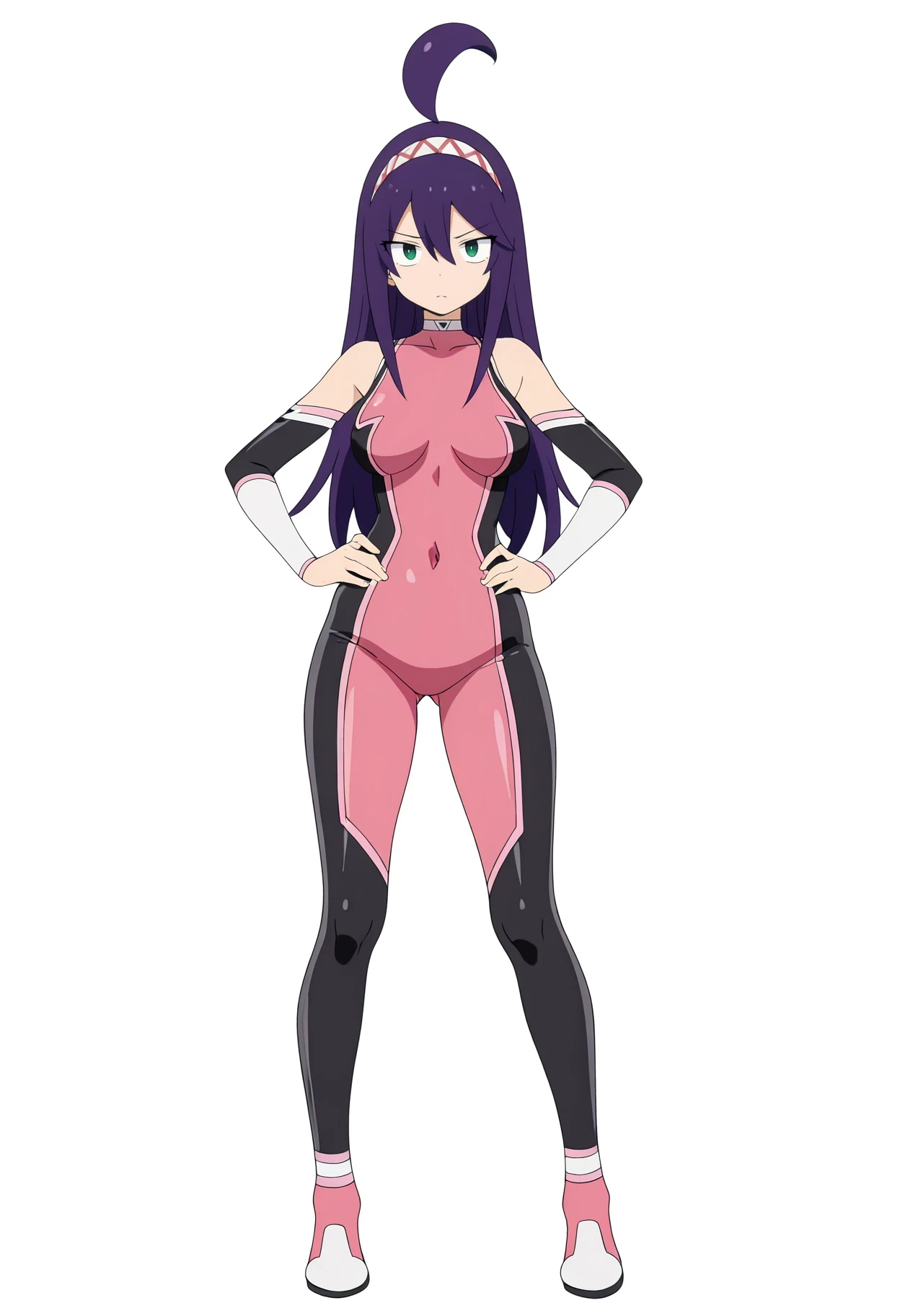 Girl with long purple hair, hairpin, in a closed swimsuit, full length, whole body