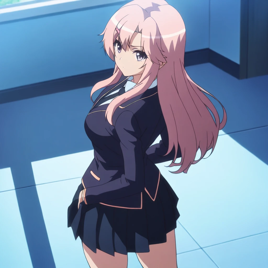 solo,cowboy_shot,anime coloring,looking at viewer,masterpiece,high score,great score,absurdres,<lora:KanakoTachibana ag4o:1> kanako, pink hair, long hair, hairclip, purple eyes,school uniform,necktie,skirt,socks,from back,