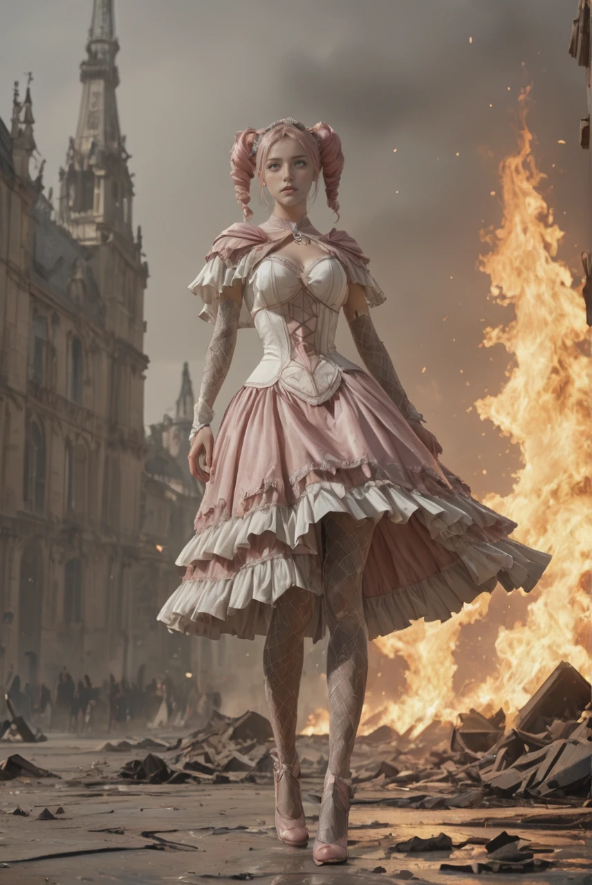 <lora:scamy_ni_32_2e4:0.7> scamy, drill hair, in burning Paris, girl portrait full body standing