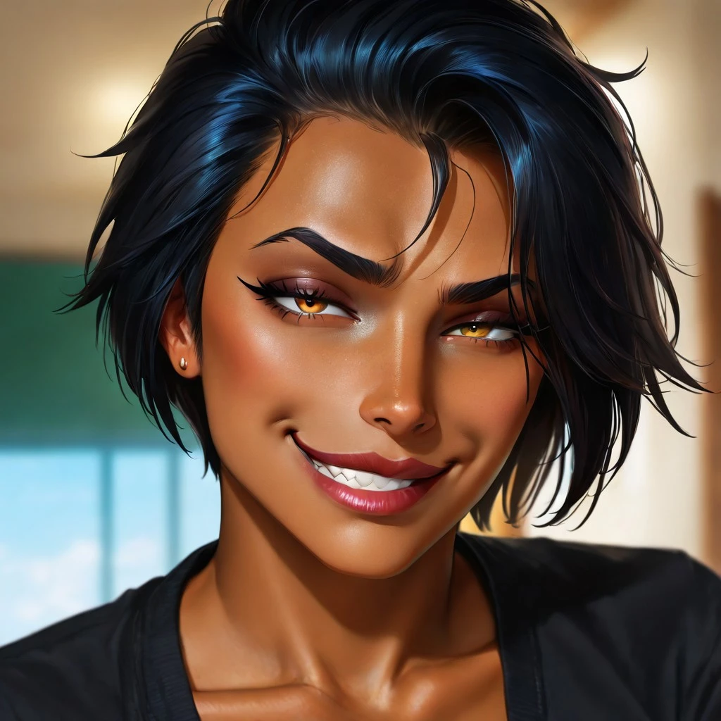 masterpiece, best quality, newest, absurdres, highres, 
1girl, LMV1a, Latina, black hair, dark skin, smirk, smug, tomboy, short hair, realistic,