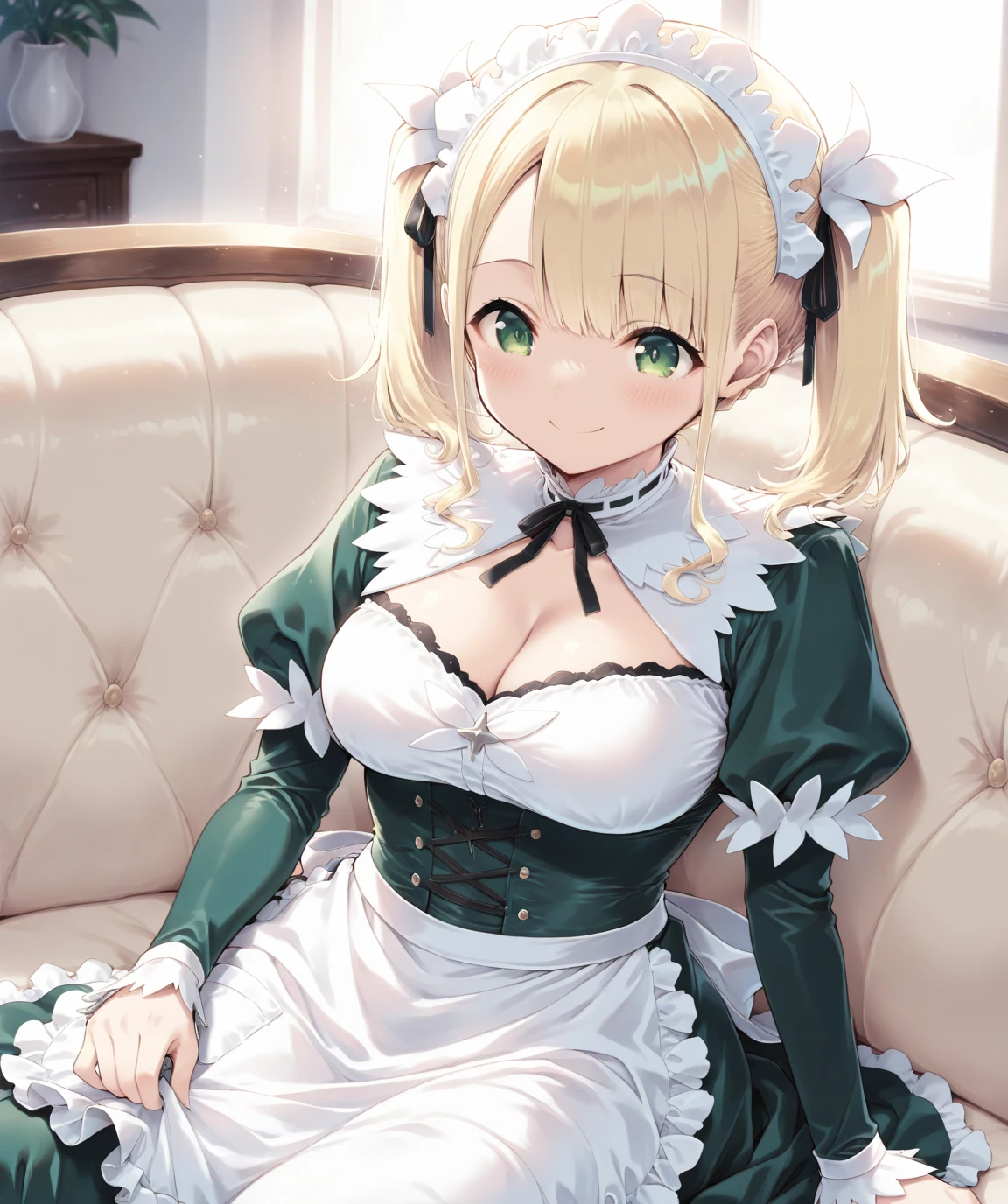 (Best quality, 8k, 32k, Masterpiece, UHD,:1.2),RAW, human, 1girl,ultra cute , ultra cute, natural lighting, transparent shining eyes, 20yo, large breast ,femur, fair complexion , flushed face, ,Homemade Country Dress,long-sleeved dress in muted colors, Handmade apron for practicality and style, sturdy fabrics like cotton, Happily Smiling, ((wariza)), on sofa, emerald green, From above, Closeup shot, Cleavage Cutout, blonde ponytail, arms between legs