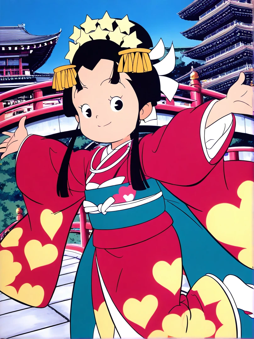 masterpiece, best quality, absurdres, official art, official style, general BREAK <lora:Anmitsu_hime_IS:1>
Anmitsu_hime, 1girl, solo, black hair, hair ornament, kanzashi, hair white ribbon, bangs black eyes, heart, star (symbol), sidelocks, 
red kimono, Yellow heart print, japanese clothes, aqua sash, obi, wide sleeves, 
smile,looking at viewer, pause,
east asian architecture, outstretched arms, bridge, Japan,