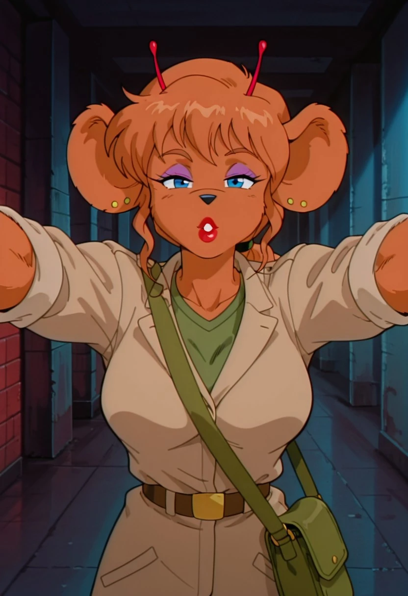HarleyBMfM, 1girl, solo, furry female, anthro, mouse, animal ears, ear piercing, red antennae, orange fur, orange hair, long hair, ponytail, bangs, blue eyes, black snout, teeth, incisors, large breast, thick thighs, mouse tail, beige jacket, rolled up sleeves, green shirt, belt, green pants, knee pads, pockets, boots, shoulder bag,
masterpiece, best quality, fine details, intricate details, depth of field, subsurface scattering, bokeh, ultra-detailed, very aesthetic, detailed background, newest, scenery, highres, absurdres, colorful, vibrant, glowing, perfect face, 2d, perfect eyes, vibrant saturated colors, volumetric lighting, sharp, detailed eyes, perfect anatomy, perfect face, perfect eyes, mature body, clear eyes, beautiful eyes, athletic, curvy body, athletic girl, perky tits, perfect tits, round breasts, pinup pose, teasing, lustful expression, perfect hands,
muscular female, dutch angle, dynamic pose,
one eye closed, , facing viewer, upper body, straight-on, pov, running towards viewer, (reaching towards viewer, :1.2), (outstretched arms, :1.2), looking at viewer, facing viewer, half-closed eyes, (seductive gaze, horny), makeup, , thick lips, red lips, lipstick, incoming kiss, puckered lips, parted lips, (excited, :1.2), (cheerful, :1.2)
,Smooth Negative, Smooth_Quality,
90s_anime_aesthetic, 1990s (style), retro, retro artstyle