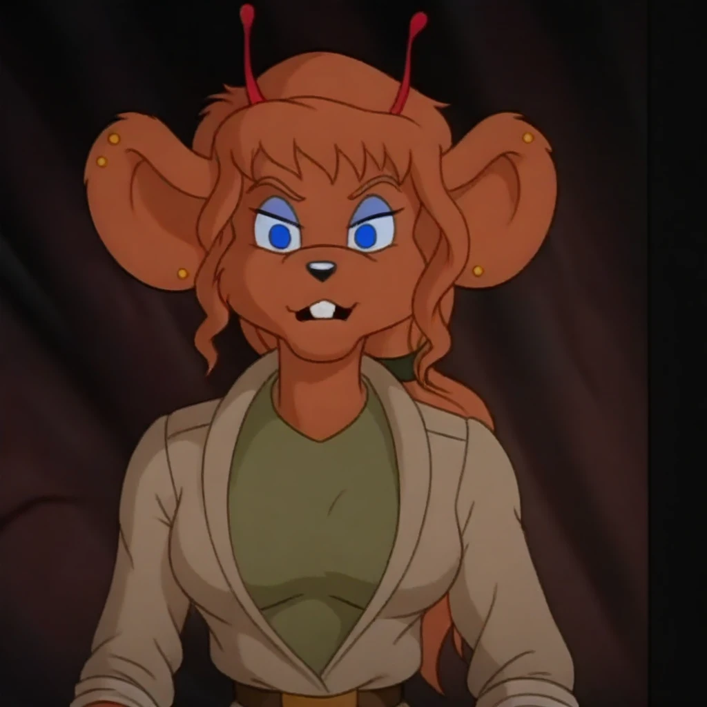 HarleyBMfM, 1girl, solo, furry female, anthro, mouse, animal ears, ear piercing, red antennae, orange fur, orange hair, long hair, ponytail, bangs, blue eyes, black snout, teeth, incisors, large breast, thick thighs, mouse tail, beige jacket, rolled up sleeves, green shirt, belt, green pants, knee pads, pockets, boots, shoulder bag, masterpiece, best quality, fine details, intricate details, depth of field, subsurface scattering, bokeh, ultra-detailed, very aesthetic, detailed background, newest, scenery, highres, absurdres, colorful, vibrant, glowing, perfect face, 2d, perfect eyes, vibrant saturated colors, volumetric lighting, sharp, detailed eyes, perfect anatomy, perfect face, perfect eyes, mature body, clear eyes, beautiful eyes, athletic, curvy body, athletic girl, perky tits, perfect tits, round breasts, pinup pose, teasing, lustful expression, perfect hands, muscular female,