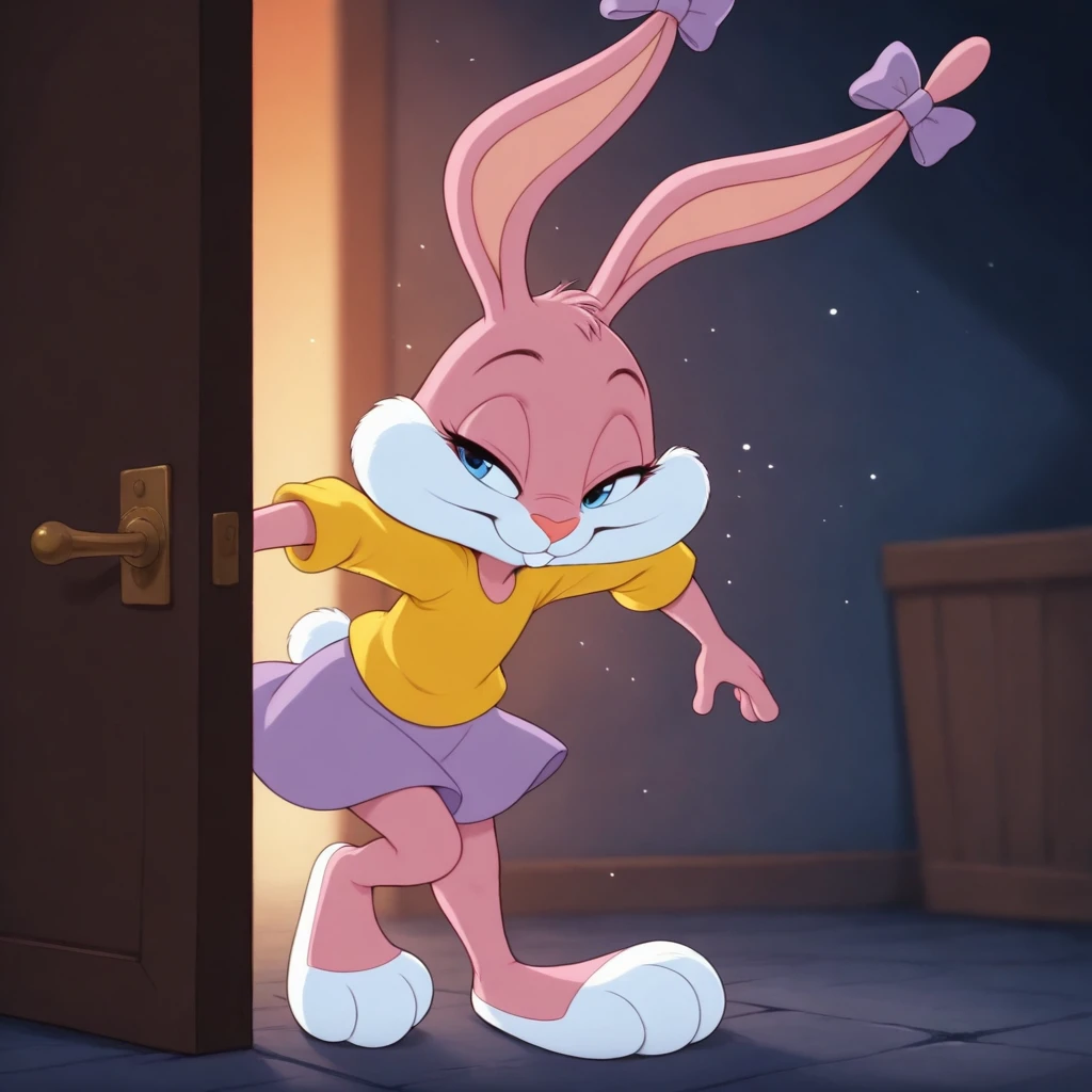 <lora:BabsBunnyOr9_YM62:0.7>, Babs, cub, bunny, girl, cartoon, blue eyes, pink nose, pink body, pink head, pink ears, pink legs, white cheeks, white feet, white tail, erect ears, yellow T-shirt, purple skirt, purple bows on the ears, mouth closed, sneaking, squinting, evening time
BREAK, masterpiece, best quality, high quality, particles effect, detailed background, detailed foreground, depth of field, backlighting