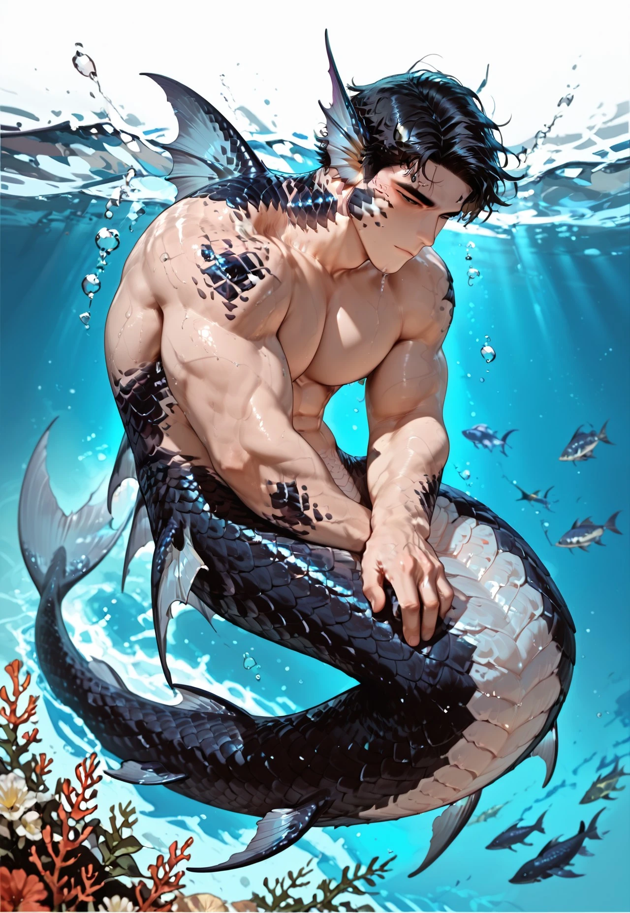 handsome man, on an obsidian beach with water covering lower body, lying on back and holding his own legs up, knees bent, muscular thigh. Top view , expression of ecstasy, fish scale skin, mermaid skin, (black fish scale skin:1.5), mermaid man with fish scales skin, mermaid man with fish scales on legs