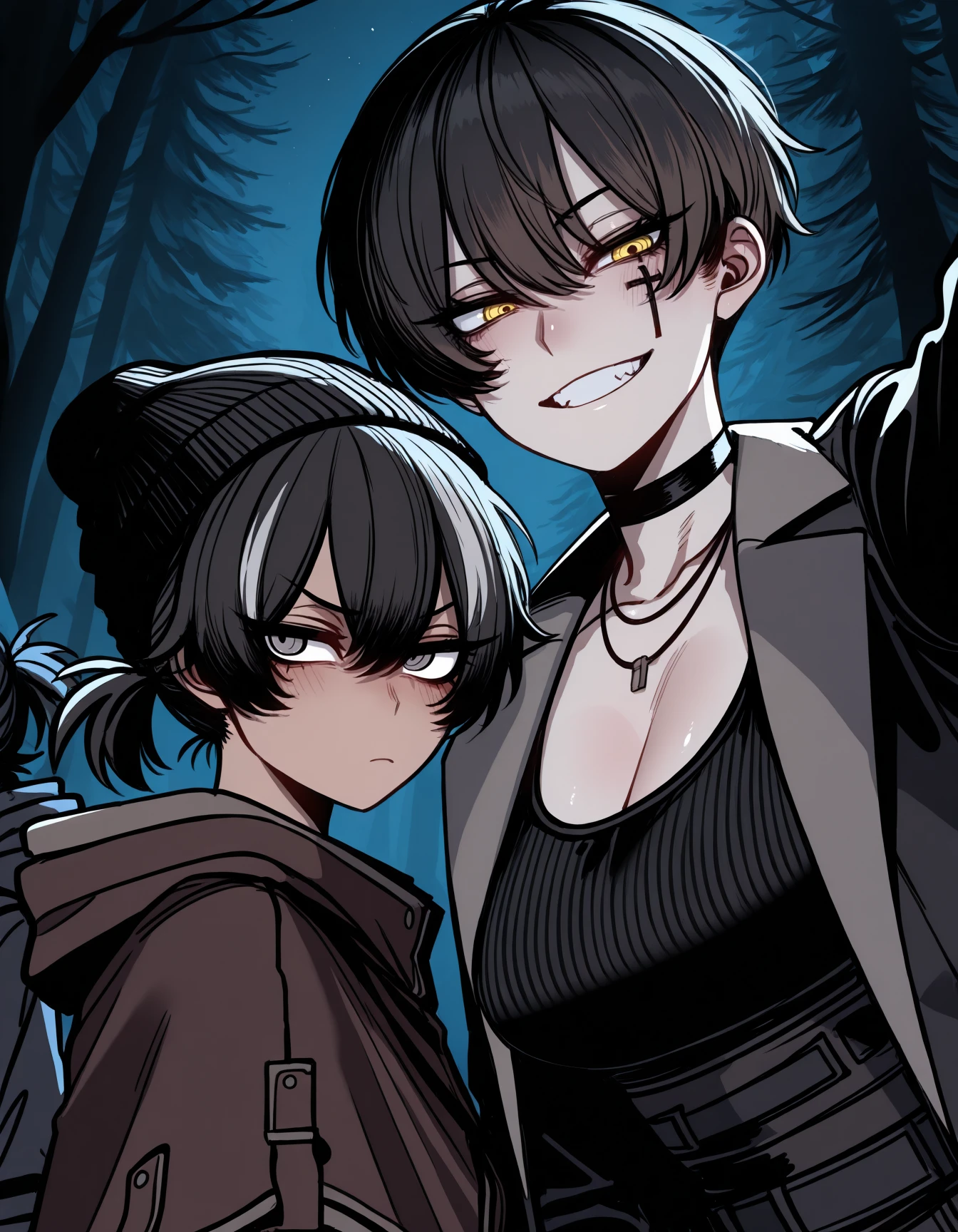 <lora:good-and-bad-ending-party-v5-illustrious-000032:0.9> 2girls, selfie, forest, dark, night, dramatic, sidelighting, upper body
2girls, le0th13f, annoyed, looking to the side, light blush, small breasts, black beanie, short ponytail, brown capelet, jacket, hooded jacket
2girls, r31t0m, grin, medium breasts, cross facial mark, choker, necklace, coat, black coat, (grey coat:0.8), tank top, (black shirt:0.7), (multiple belts:0.6), tomboy, outstretched arm