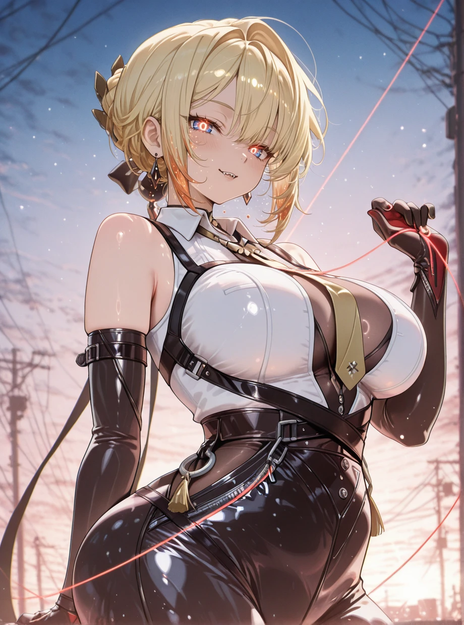 Browsing Caution, (Best image quality,highest quality,Highest Resolution, Ultra-Realistic Images,Very detailed,masterpiece),Blonde Short Hair,((Sticky with sweat)),Big Breasts, Erect nipples, White shirt,A bow tie,((Her shirt is torn, Showing off a flashy red bra)),Black slacks,Black leather shoes,Abdominal muscles, Camel Toe,blush, Eyes in Love, Dynamic pose ,Browsing Caution,