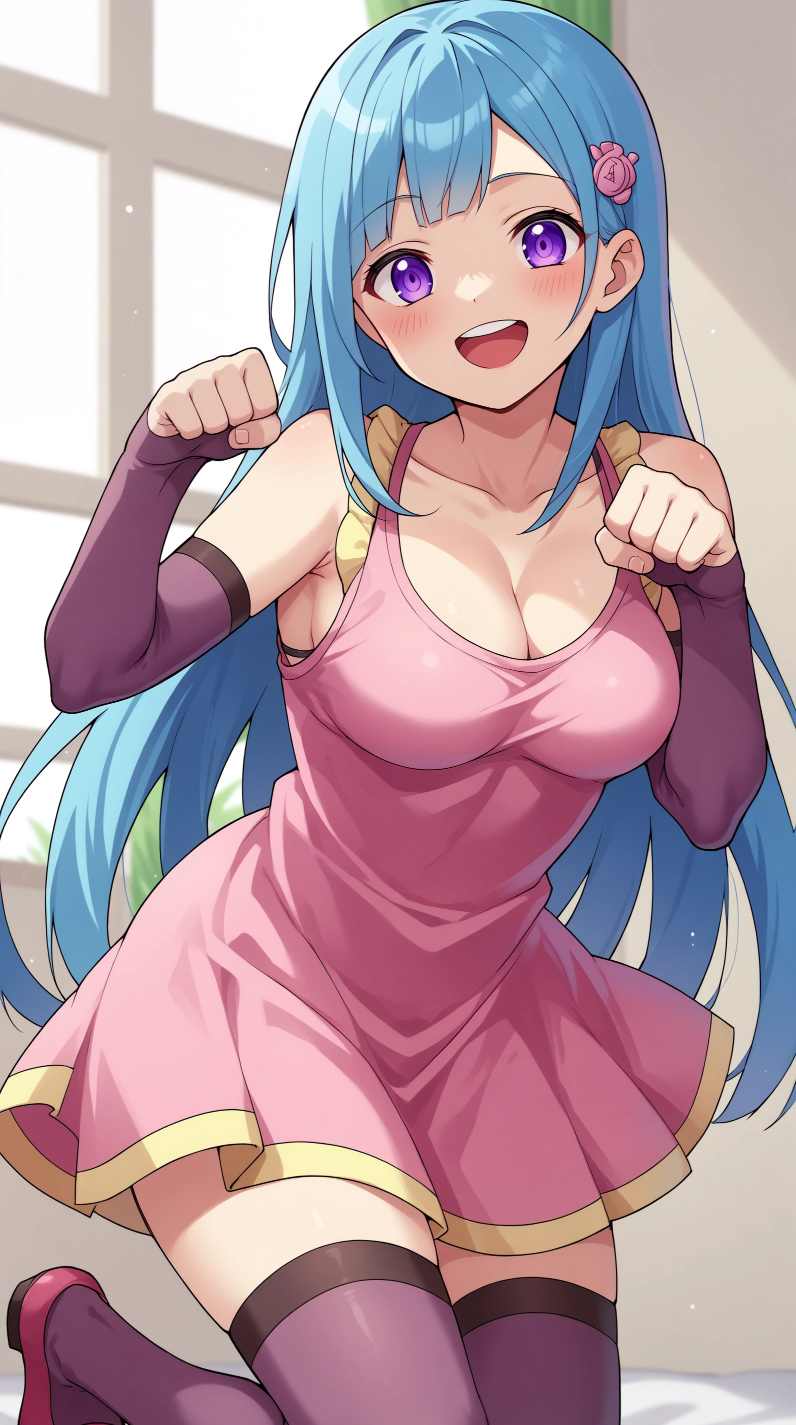 score_9, me!me!me!, 1girl, solo, upper body, long hair, pink dress, blue hair, elbow gloves, purple eyes, medium breasts, smug, indoors <lora:me!me!me!-PonyXL:0.7>