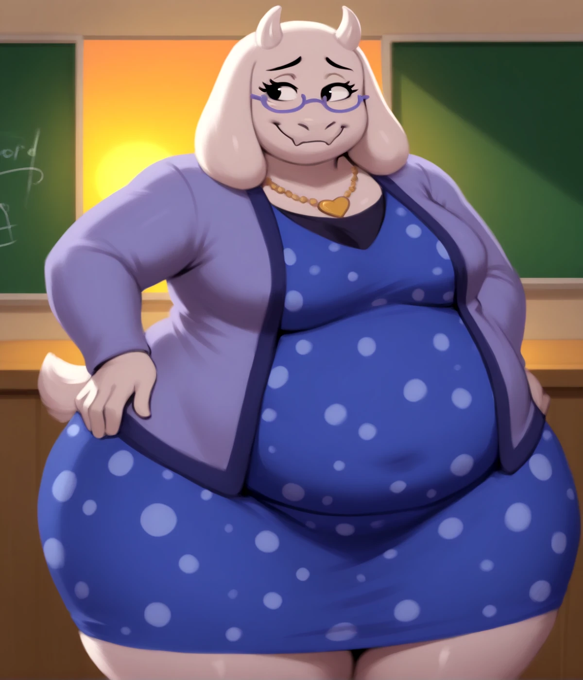 Anime Women, Lady、amount、Long braids down to the waist、Purple Hair、Glasses、Sharp eyes、Purple lips、Cobalt blue body、Cobalt blue skin、Are fat、Chubby、Sensual、obesity、Double chin、Fatty neck、Big Breasts、Saggy breasts、Thick upper arms、Thick arms、thick fingers、Fat belly、Flabby belly、Thick legs、Big Ass、Brown clothes、Brown Dress、Sweaty、Embarrassing、Model standing