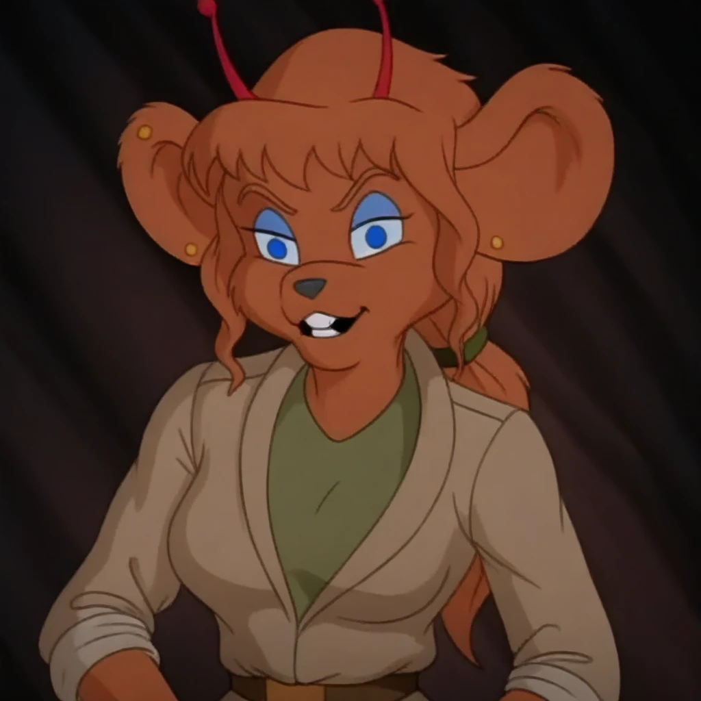 HarleyBMfM, 1girl, solo, furry female, anthro, mouse, animal ears, ear piercing, red antennae, orange fur, orange hair, long hair, ponytail, bangs, blue eyes, black snout, teeth, incisors, large breast, thick thighs, mouse tail, beige jacket, rolled up sleeves, green shirt, belt, green pants, knee pads, pockets, boots, shoulder bag, masterpiece, best quality, fine details, intricate details, depth of field, subsurface scattering, bokeh, ultra-detailed, very aesthetic, detailed background, newest, scenery, highres, absurdres, colorful, vibrant, glowing, perfect face, 2d, perfect eyes, vibrant saturated colors, volumetric lighting, sharp, detailed eyes, perfect anatomy, perfect face, perfect eyes, mature body, clear eyes, beautiful eyes, athletic, curvy body, athletic girl, perky tits, perfect tits, round breasts, pinup pose, teasing, lustful expression, perfect hands, muscular female,