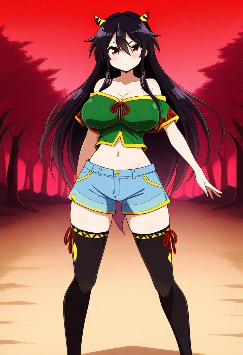 rindou style, outdoors, (wastelands), red sky, neutral gaze, ((large breasts)), looking at viewer, ((standing)), posings, nippaku zanmu, 1girl, solo, purple black hair, red eyes, long hair, cone horns, horn ornament, green shirt, navel, off-shoulder shirt, midriff, cleavage, ((blue jeans shorts)), ((black thighhighs)). ((legs))
