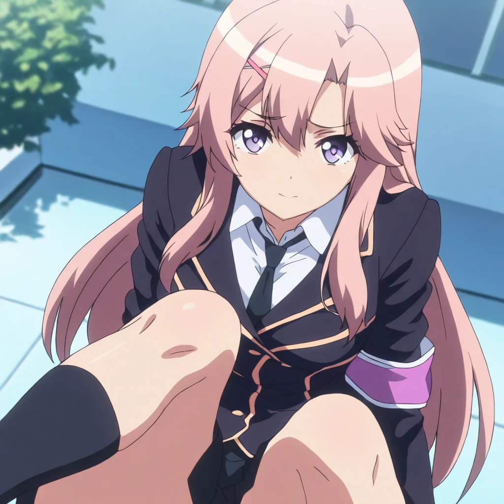 solo,anime coloring,looking at viewer,masterpiece,high score,great score,absurdres,<lora:KanakoTachibana ag4o:1> kanako, pink hair, long hair, hairclip, purple eyes,school uniform,necktie,skirt,socks,