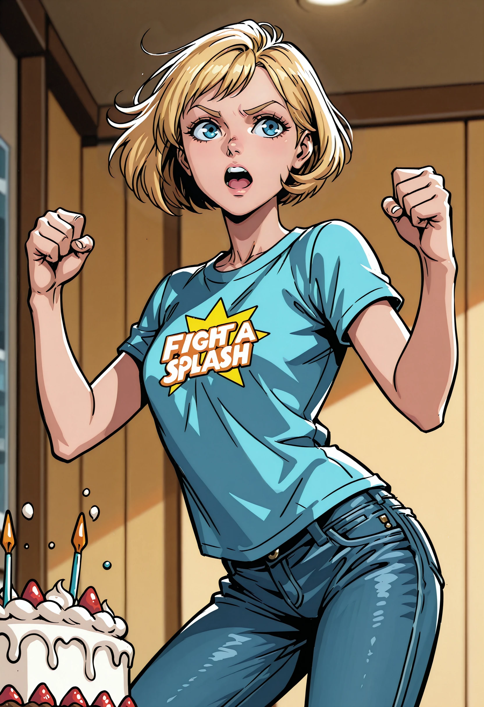 <lora:TylerKincade:0.5> TYL3RF4, 1girl, solo, short hair, blonde hair, blue eyes, casual clothing,
  t-shirt and jeans, modern setting, fight pose, gacha splash, animated, cartoon vibes, dynamic pose, baking a cake, dynamic lighting, very awa