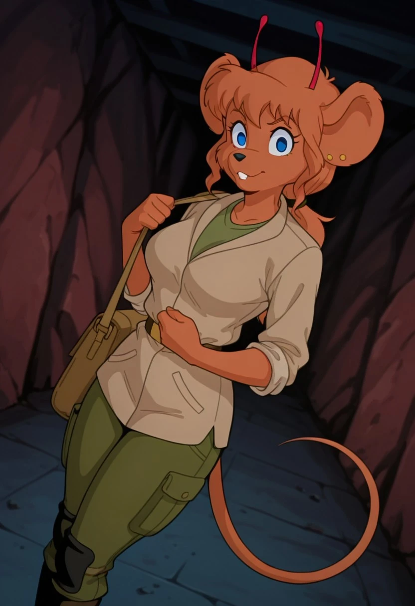 HarleyBMfM, 1girl, solo, furry female, anthro, mouse, animal ears, ear piercing, red antennae, orange fur, orange hair, long hair, ponytail, bangs, blue eyes, black snout, teeth, incisors, large breast, thick thighs, mouse tail, beige jacket, rolled up sleeves, green shirt, belt, green pants, knee pads, pockets, boots, shoulder bag,
masterpiece, best quality, fine details, intricate details, depth of field, subsurface scattering, bokeh, ultra-detailed, very aesthetic, detailed background, newest, scenery, highres, absurdres, colorful, vibrant, glowing, perfect face, 2d, perfect eyes, vibrant saturated colors, volumetric lighting, sharp, detailed eyes, perfect anatomy, perfect face, perfect eyes, mature body, clear eyes, beautiful eyes, athletic, curvy body, athletic girl, perky tits, perfect tits, round breasts, pinup pose, teasing, lustful expression, perfect hands,
muscular female, dutch angle, dynamic pose,
,Smooth Negative, Smooth_Quality,