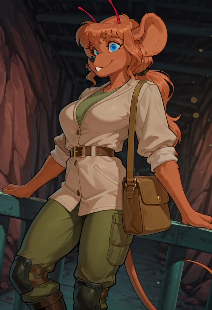 HarleyBMfM, 1girl, solo, furry female, anthro, mouse, animal ears, ear piercing, red antennae, orange fur, orange hair, long hair, ponytail, bangs, blue eyes, black snout, teeth, incisors, large breast, thick thighs, mouse tail, beige jacket, rolled up sleeves, green shirt, belt, green pants, knee pads, pockets, boots, shoulder bag,
masterpiece, best quality, fine details, intricate details, depth of field, subsurface scattering, bokeh, ultra-detailed, very aesthetic, detailed background, newest, scenery, highres, absurdres, colorful, vibrant, glowing, perfect face, 2d, perfect eyes, vibrant saturated colors, volumetric lighting, sharp, detailed eyes, perfect anatomy, perfect face, perfect eyes, mature body, clear eyes, beautiful eyes, athletic, curvy body, athletic girl, perky tits, perfect tits, round breasts, pinup pose, teasing, lustful expression, perfect hands,
muscular female, dutch angle, dynamic pose,
,Smooth Negative, Smooth_Quality,