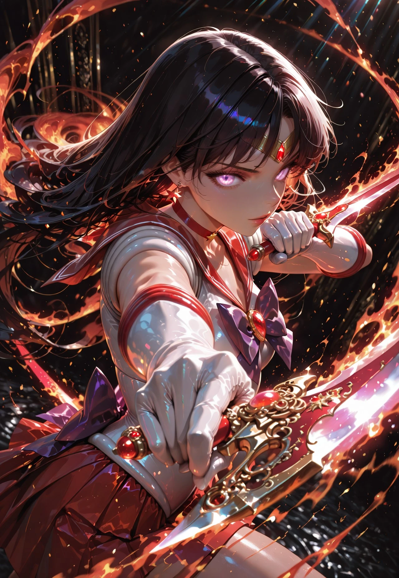 Masterpiece, best quality, amazing quality, newest, very aesthetic, scenery, 8k, good anatomy, good shading, ultra detailed, refined details, high resolution, HD, masterwork, 4ur4_illu,shiny.
1girl, solo, sailor mars, sailor senshi uniform, hino rei, lips, gloves, tiara, black hair, long hair, bangs, circlet, purple eyes(glowing eyes), looking at viewer, intense gaze, jewelry, star earrings, red choker, purple bow tie, red sailor collar, elbow gloves, white gloves, red skirt, miniskirt, dagger, holding dagger, intricate weapon design, glowing accents, stylish design, epic character design, fire aura, dynamic pose(Close-Up), blade dancer, dual wielding, motion blur, light rays, dutch angle, from side, depth of field, foreshortening, blurry edges, black background, detailed background.