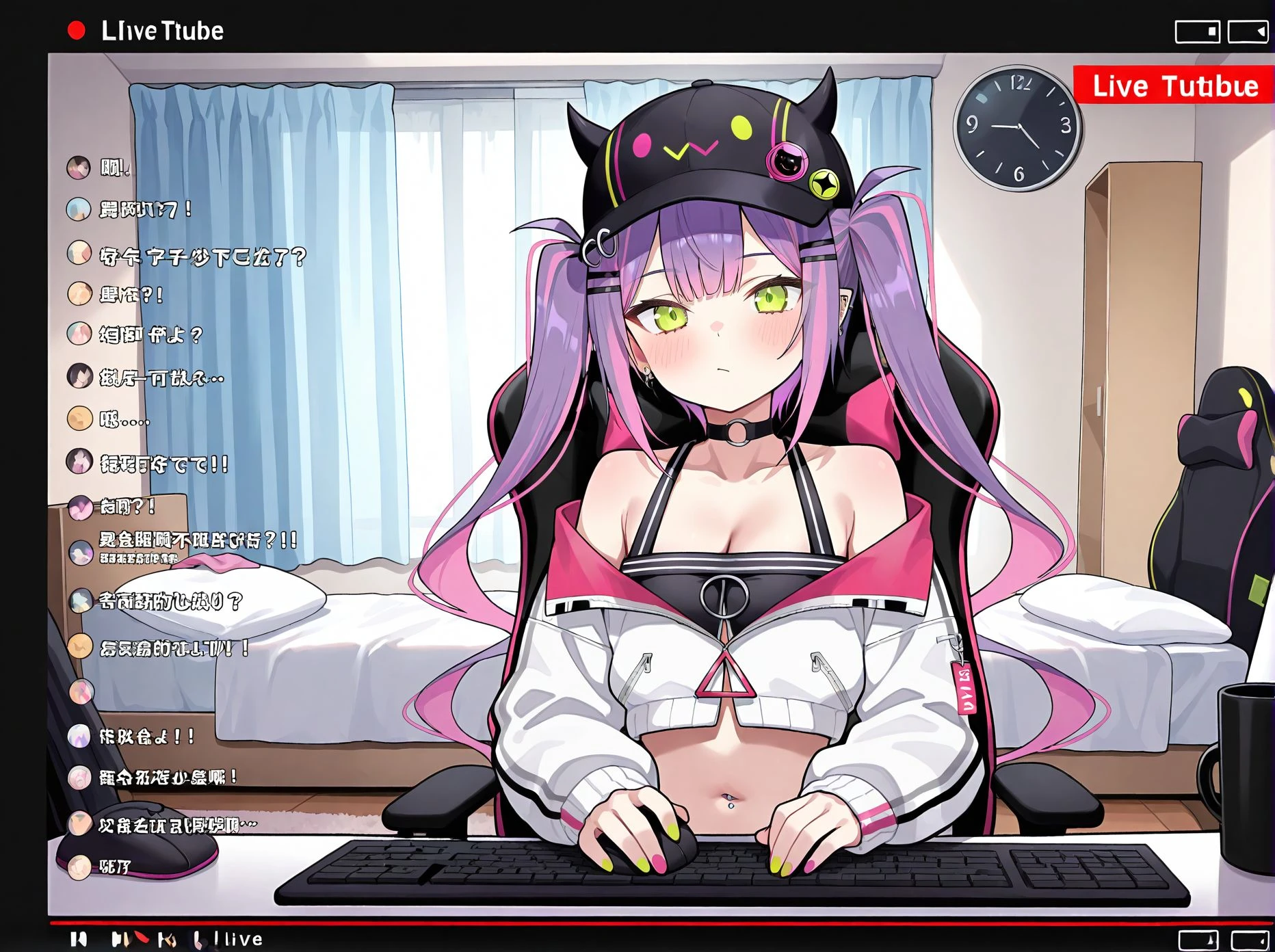 A sorceress with long red hair, long black low-cut dress, black feathers on the shoulders of the dress, bountiful breasts, evil gaze, sitting on the pink gaming chair, a blackboard on the back left written "subs & bits", wearing pink headphones