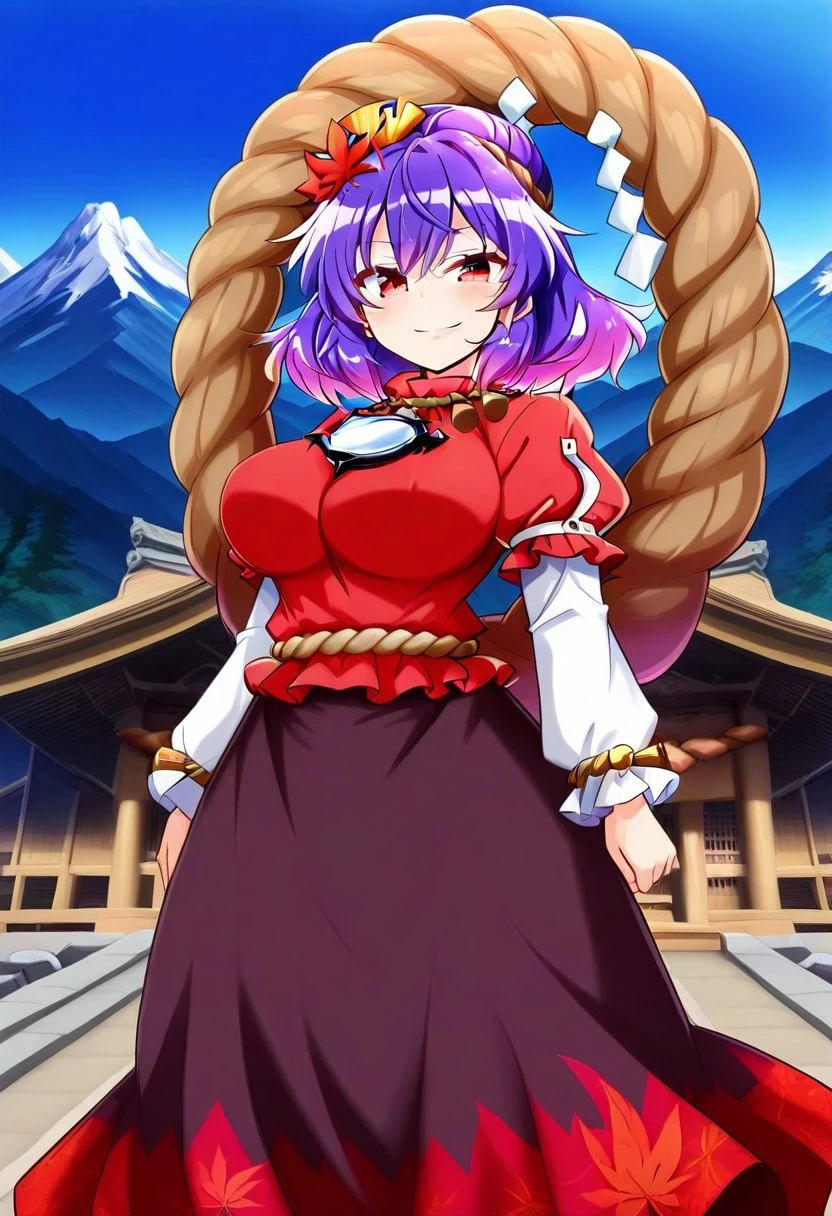 rindou style, ((outdoors)), ((mountains)), ((shrine)), blue sky, naughty smile, ((large breasts)), looking at viewer, ((standing)), posings, yasaka kanako, 1girl, solo, red eyes, purple hair, short hair, leaf hair ornament, mirror, red shirt, layered sleeves, short over long sleeves, rope belt, two-tone skirt, black skirt, red skirt, long skirt, rope