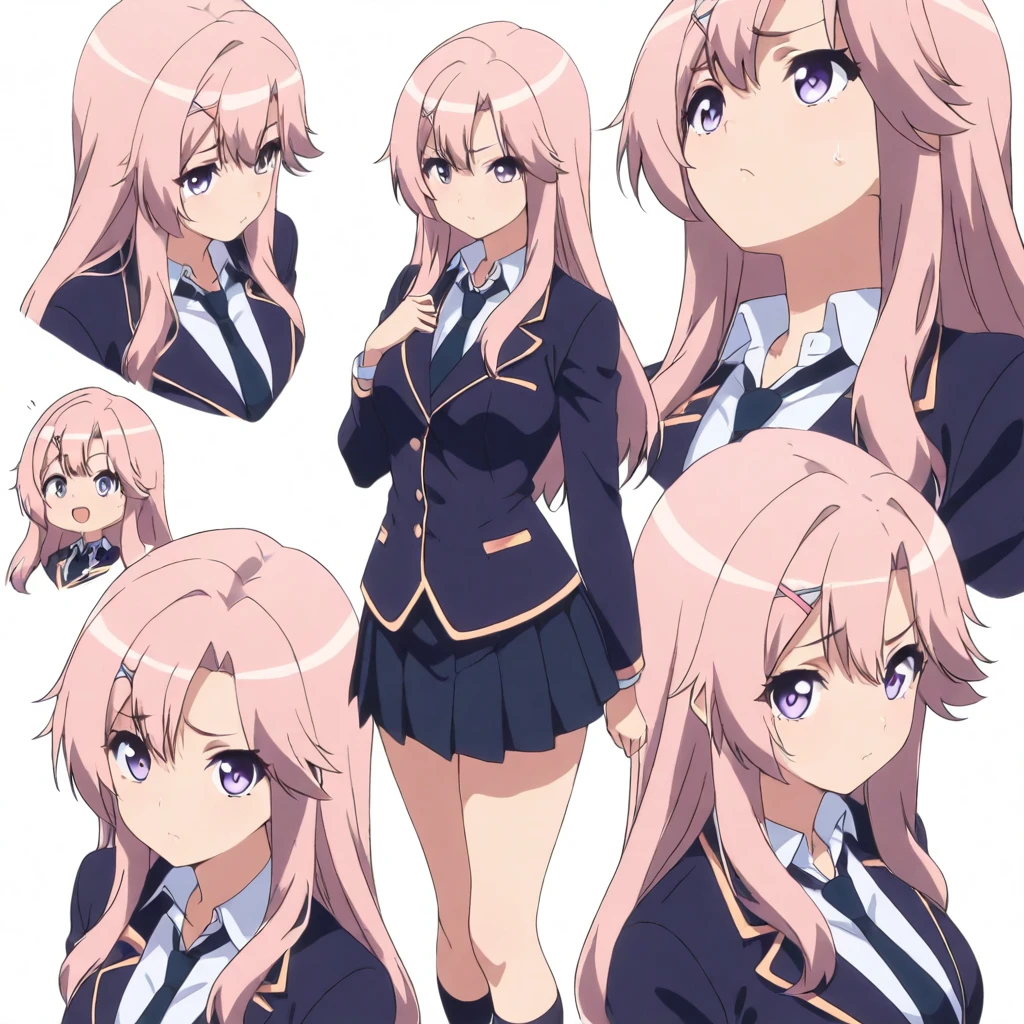 solo,anime coloring,looking at viewer,masterpiece,high score,great score,absurdres,<lora:character_Sheet_XL:0.5> character sheet, multiple views, white background,<lora:KanakoTachibana ag4o:1> kanako, pink hair, long hair, hairclip, purple eyes,school uniform,necktie,skirt,socks,