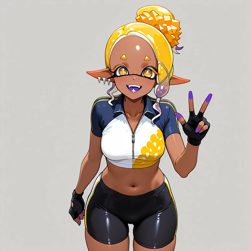<lora:Frye_illustrious_v1:1>FryeSplatoonHourglass, 1girl, solo,  tentacle hair, medium breasts, dark skin, dark-skinned female, yellow eyes, pointy ears, forehead, blonde hair, purple skin,  multicolored hair, gradient hair, cross-shaped pupils, two-tone hair, colored tongue,  symbol-shaped pupils, multiple earrings, cowboy shot <lora:cycling-uniform-illustriousxl-lora-nochekaiser:1> cycling uniform, bike jersey, bike shorts, biker clothes, fingerless gloves, gloves, short sleeves,