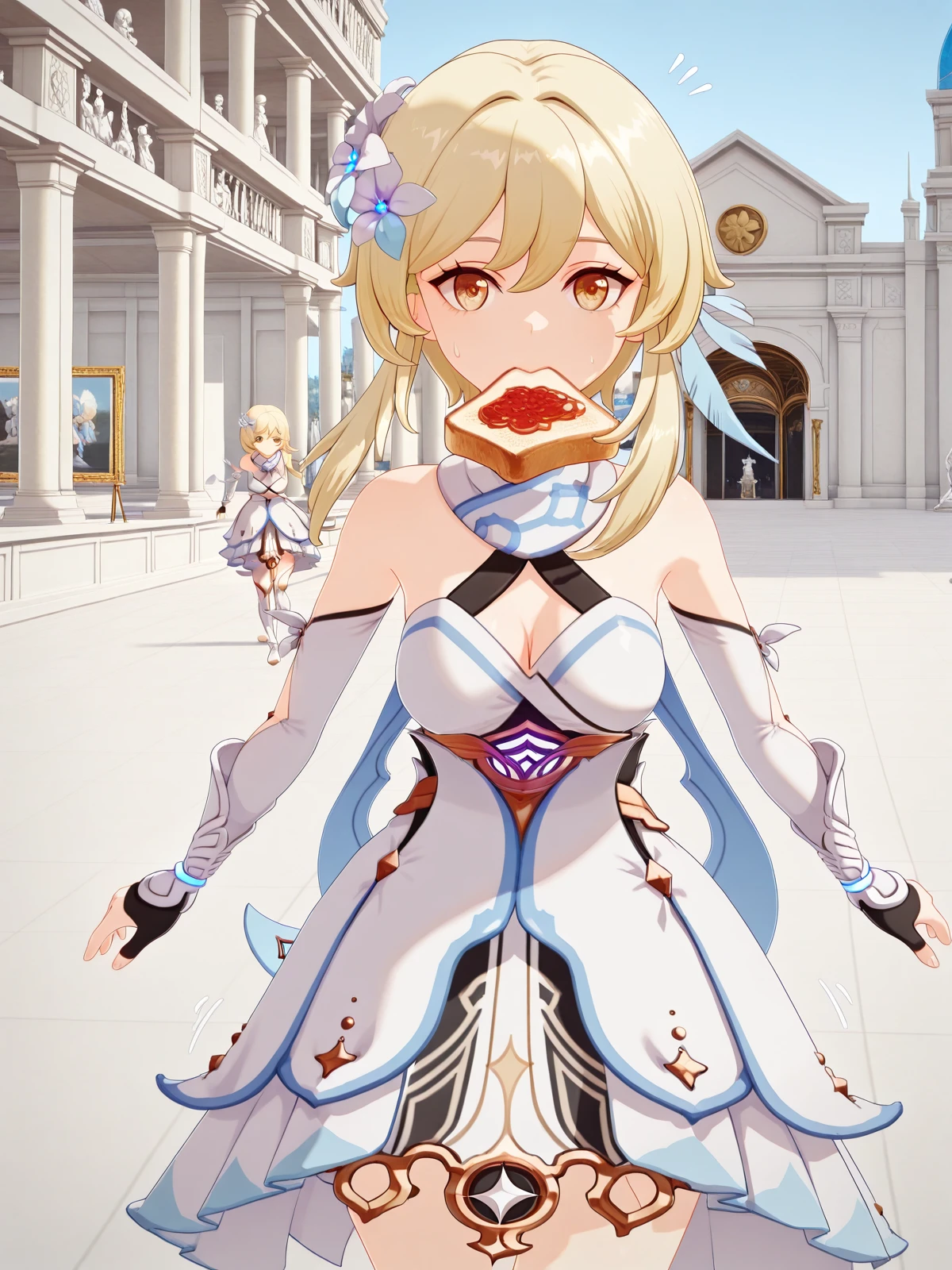 masterpiece, best quality, amazing quality,, <lora:genshin-lumine-ingame-illustriousxl-lora-nochekaiser:1>, lumine, lumine (genshin impact), bangs, blonde hair, hair ornament, hair between eyes, yellow eyes, flower, hair flower, feather hair ornament, mature female, medium breasts, 3d,, dress, bare shoulders, detached sleeves, scarf, white dress, white footwear, cleavage, detached collar,, <lora:food-in-mouth-running-illustriousxl-lora-nochekaiser:1>, food in mouth running, food in mouth, running, bread, bread slice, food, toast in mouth, toast, sweatdrop, motion lines, motion blur, outdoors, feet out of frame, straight-on, museum, art exhibit, paintings, observing, quiet contemplation, cultural experience, cowboy shot, solo, looking at viewer,