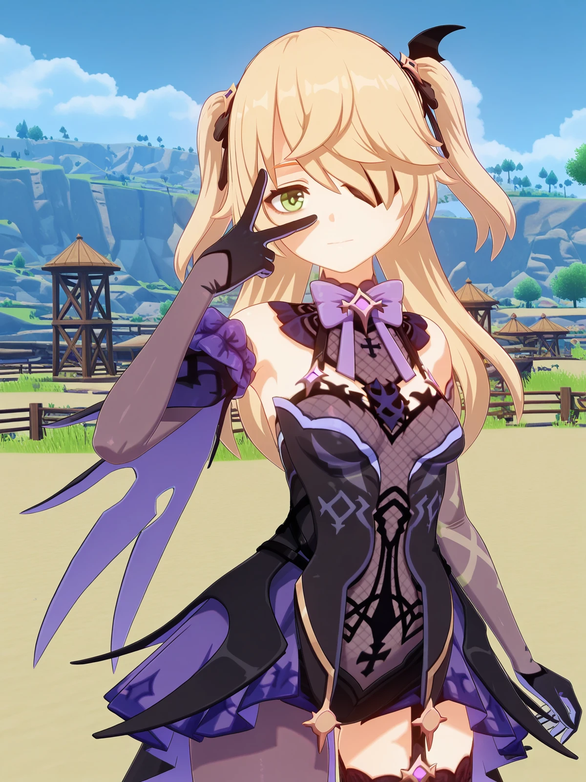masterpiece, best quality, amazing quality,, <lora:genshin-fischl-ingame-illustriousxl-lora-nochekaiser:1>, fischl, fischl (genshin impact), long hair, bangs, blonde hair, ribbon, green eyes, hair ribbon, hair over one eye, two side up, eyepatch, mature female, small breasts, 3d,, gloves, bow, bare shoulders, black gloves, elbow gloves, bowtie,, v, v over eyes,, guard tower, security, tall, lookout, protective, cowboy shot, solo, looking at viewer,