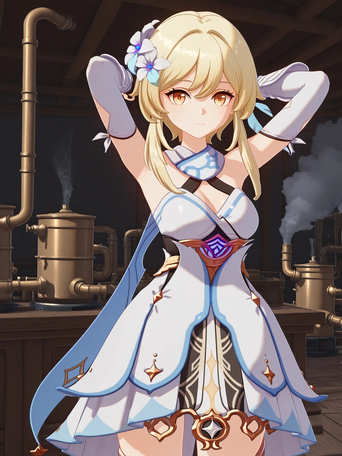 masterpiece, best quality, amazing quality,, <lora:genshin-lumine-ingame-illustriousxl-lora-nochekaiser:1>, lumine, lumine (genshin impact), bangs, blonde hair, hair ornament, hair between eyes, yellow eyes, flower, hair flower, feather hair ornament, mature female, medium breasts, 3d,, dress, bare shoulders, detached sleeves, scarf, white dress, white footwear, cleavage, detached collar,, hands behind head,, refinery, pipes, smoke, metal, oil, cowboy shot, solo, looking at viewer,