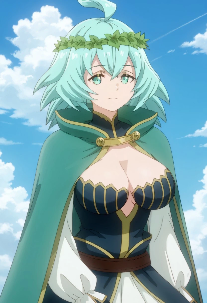 brandish, 1girl, solo, looking at viewer, cleavage, cowboy shot, collar, chain,  anime coloring, smile, solo, upper body, night sky, forest, arms behind head, contrapposto, spread armpits, closed mouth, thighs,