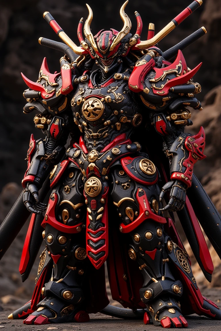 A visually commanding black gold and red mecha, massive katana
