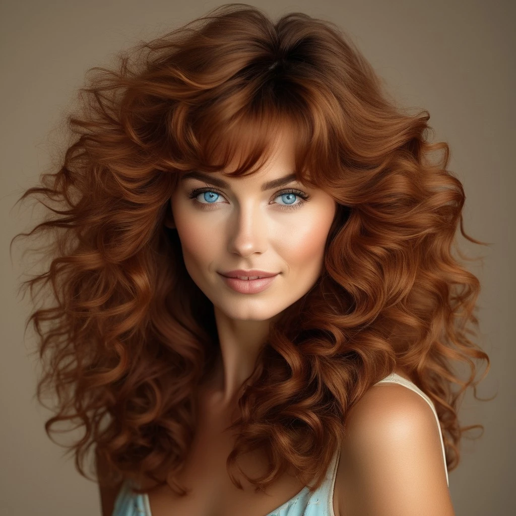 (masterpiece), (photorealistic), (8k), head-and-shoulders portrait of a stunning woman in her mid-20s with ((feathered chestnut curls:1.3)), tousled bangs, large blue eyes, fair skin, high cheekbones, full lips. Soft window light from the left, shallow depth of field, creamy tan background.
(masterpiece), (photorealistic), full body nude standing pose, arms relaxed, bust and hips visible, slim waist. Her hair is chestnut brown, huge and feathered, with tousled bangs. Blue eyes, fair skin. Shot in a retro photo studio with a seamless tan backdrop, strong but soft lighting.
