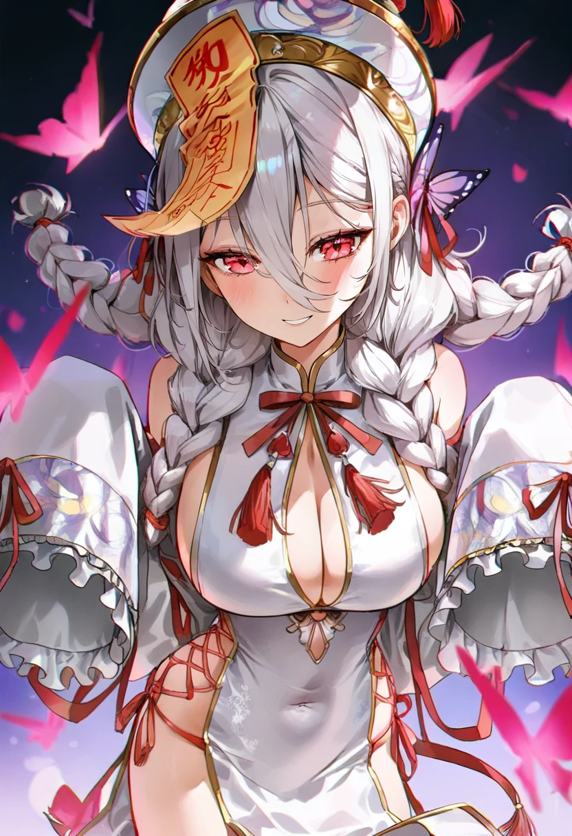 (absurdres, highres, ultra detailed, HDR) master piece, best quality, Arataki Itto, long white hair, expressive red eyes, sexy man, handsome, toned chest, erotic, lewd, genshin impact, white haori, red horns, red butterflies, red roses, red petals, glass sculptures, red background, magical, shining, sparkling, fantasy